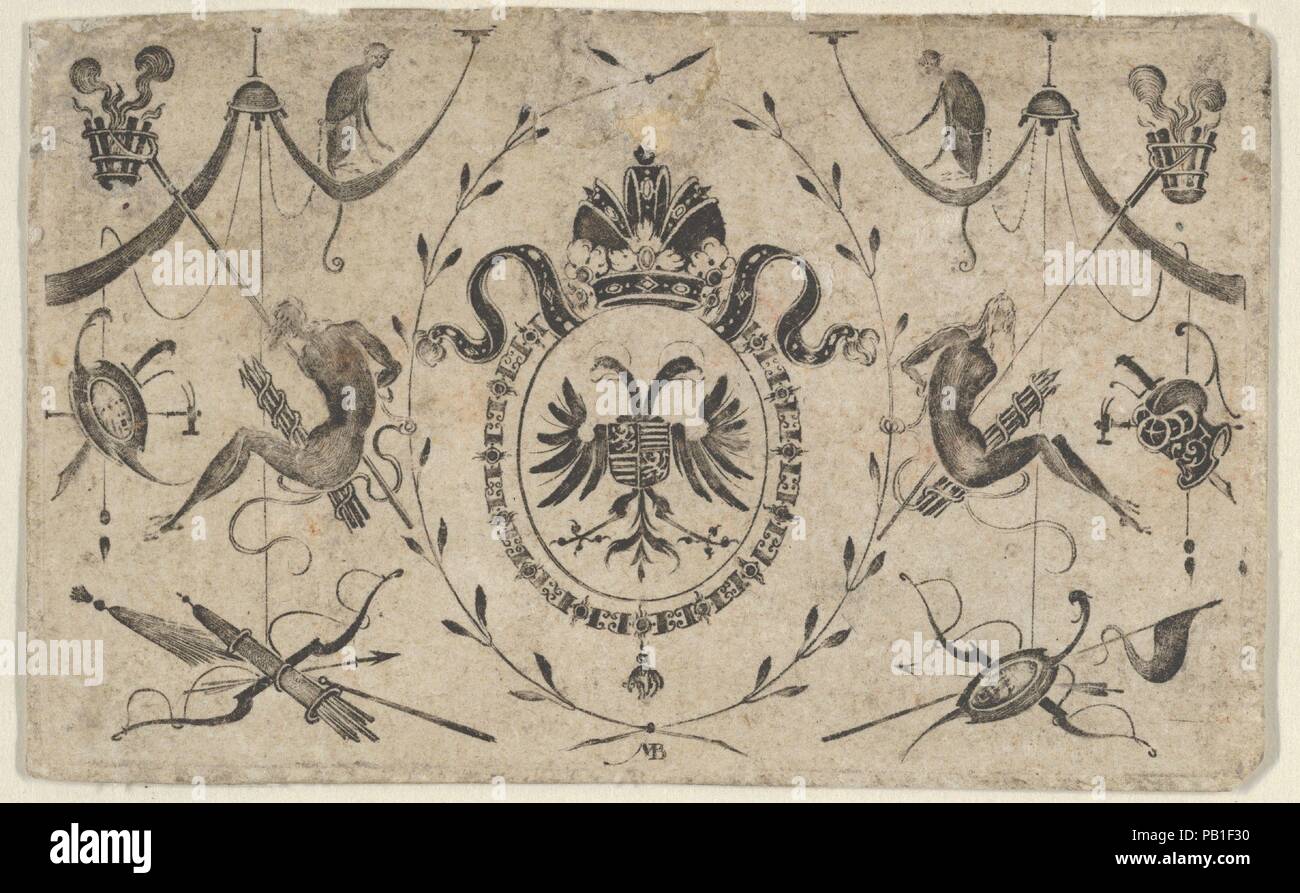 Blackwork Design for Goldsmithwork with the Coat of Arms of a Bishop. Artist: Mathais Beitler (German, Ansbach, active ca. 1582-1616). Dimensions: Sheet: 1 3/4 × 2 13/16 in. (4.5 × 7.2 cm). Date: 1615.  Ornamental panel with the coat of arms of a bishop, with a crown above at center, flanked by two bound silhouetted figures. At right center, a helmet; at left center, a shield with a mask. From a series of eight plates. Museum: Metropolitan Museum of Art, New York, USA. Stock Photo
