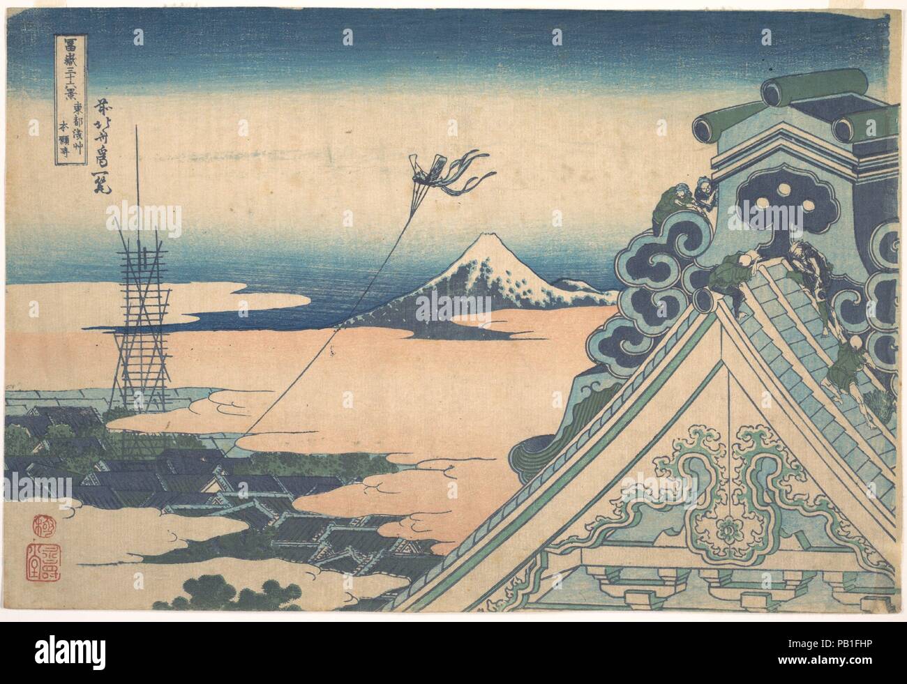 Honganji at Asakusa in Edo (Toto Asakusa Honganji), from the series Thirty-six Views of Mount Fuji (Fugaku sanjurokkei). Artist: Katsushika Hokusai (Japanese, Tokyo (Edo) 1760-1849 Tokyo (Edo)). Culture: Japan. Dimensions: 10 x 15 in. (25.4 x 38.1 cm). Date: ca. 1830-32. Museum: Metropolitan Museum of Art, New York, USA. Stock Photo