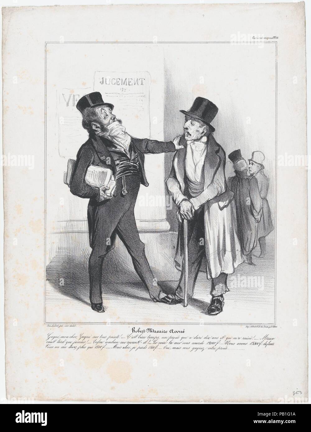 Plate 10: Robert Macaire, solicitor, from 'Caricaturana,' published in Les Robert Macaires. Artist: Honoré Daumier (French, Marseilles 1808-1879 Valmondois). Author: Charles Philipon (French, Lyons 1800-1862 Paris). Dimensions: Image: 10 1/4 × 8 3/8 in. (26 × 21.2 cm)  Sheet: 14 1/2 in. × 11 in. (36.9 × 28 cm). Printer: Aubert et Cie; Junca. Publisher: Aubert et Cie. Series/Portfolio: 'Caricaturana'. Date: 1838.  - Someone stole a thousand franc note from me, Monsieur.   - Very well! I have your case in hand, Madame. The thief is one of my friends.   - Then I would like to have my money back a Stock Photo