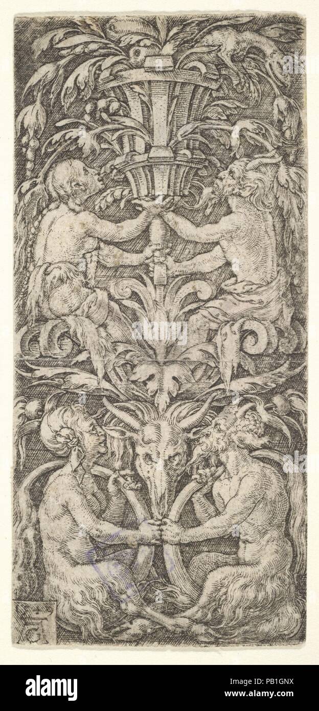 Ornament with Two Couples of Satyrs. Artist: Heinrich Aldegrever (German, Paderborn ca. 1502-1555/1561 Soest). Dimensions: Sheet: 3 7/16 x 1 5/8 in. (8.8 x 4.2 cm). Date: 1549. Museum: Metropolitan Museum of Art, New York, USA. Stock Photo