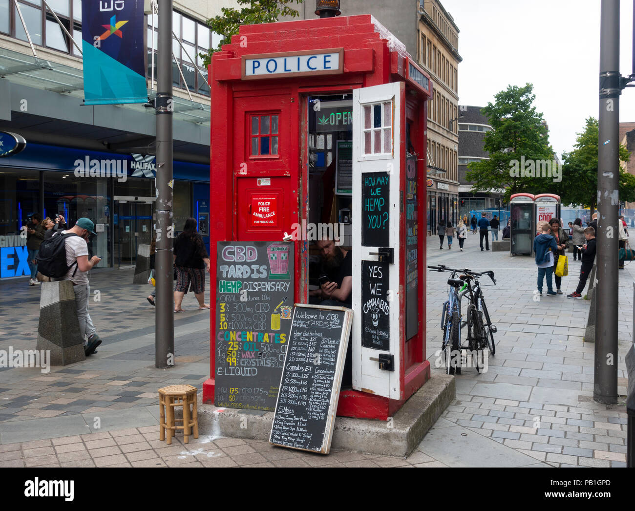 CBD Tardis Hemp Dispensary in old police box on Sauchiehall Street in Glasgow, Scotland, UK Stock Photo