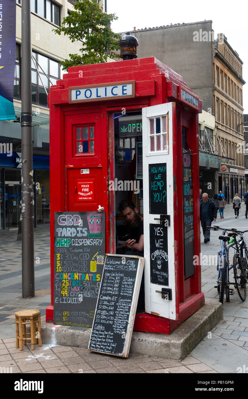 CBD Tardis Hemp Dispensary in old police box on Sauchiehall Street in Glasgow, Scotland, UK Stock Photo