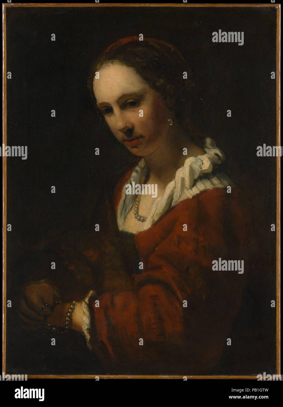 Young Woman with a Pearl Necklace. Artist: Copy after Willem Drost (Dutch, late 17th or early 18th century). Dimensions: 33 1/8 x 24 1/2 in. (84.1 x 62.2 cm).  The sitter bears a resemblance to Hendrickje Stoffels (born about  1625-26, died 1663), Rembrandt's common-law wife and the subject of a number of his portraits, one of which is in the Metropolitan. The picture is the work of a pupil of Rembrandt, and the strong light striking the face suggests that it may be by Barent Fabritius. Another version is in Dresden. Museum: Metropolitan Museum of Art, New York, USA. Stock Photo