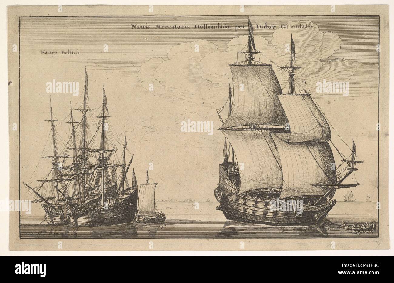 Naues Mercatoriæ Hollandicæ per Indias Occidentales (Dutch East Indiaman). Artist: Wenceslaus Hollar (Bohemian, Prague 1607-1677 London). Dimensions: Plate: 5 11/16 × 9 5/16 in. (14.5 × 23.7 cm)  Sheet: 6 1/8 × 9 1/2 in. (15.6 × 24.1 cm). Series/Portfolio: Navium Variæ Figuræ et Formæ (Dutch Ships). Date: 1647.  Dutch East Indiaman; three-masted ship with two banks of guns towed by small boat to right; two three-masted ships at anchor side by side and small boat to left; town on the coast seen in distance. Museum: Metropolitan Museum of Art, New York, USA. Stock Photo