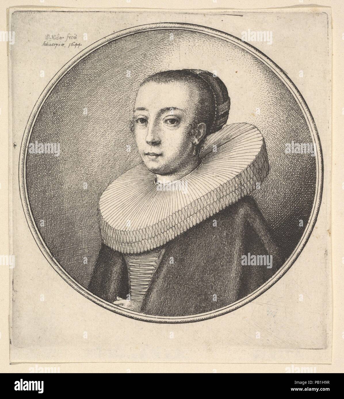Woman with circular lace ruff. Artist: Wenceslaus Hollar (Bohemian, Prague 1607-1677 London). Dimensions: Plate: 4 × 3 3/4 in. (10.2 × 9.6 cm)  Sheet: 4 1/4 x 3 13/16 in. (10.8 x 9.7 cm). Series/Portfolio: Women's heads framed in roundels  Thirteen plates. Date: 1644.  Woman shown bust length within a roundel, her hair pulled back and covered by a net, wearing a round ruff and fur stole over a laced bodice. Museum: Metropolitan Museum of Art, New York, USA. Stock Photo