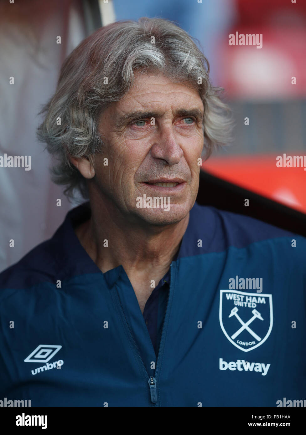 West Ham manager Manuel Pellegrini during a pre season friendly match at Villa Park, Birmingham. PRESS ASSOCIATION Photo. Picture date: Wednesday July 25, 2018. Photo credit should read: David Davies/PA Wire. No use with unauthorised audio, video, data, fixture lists, club/league logos or 'live' services. Online in-match use limited to 75 images, no video emulation. No use in betting, games or single club/league/player publications. Stock Photo