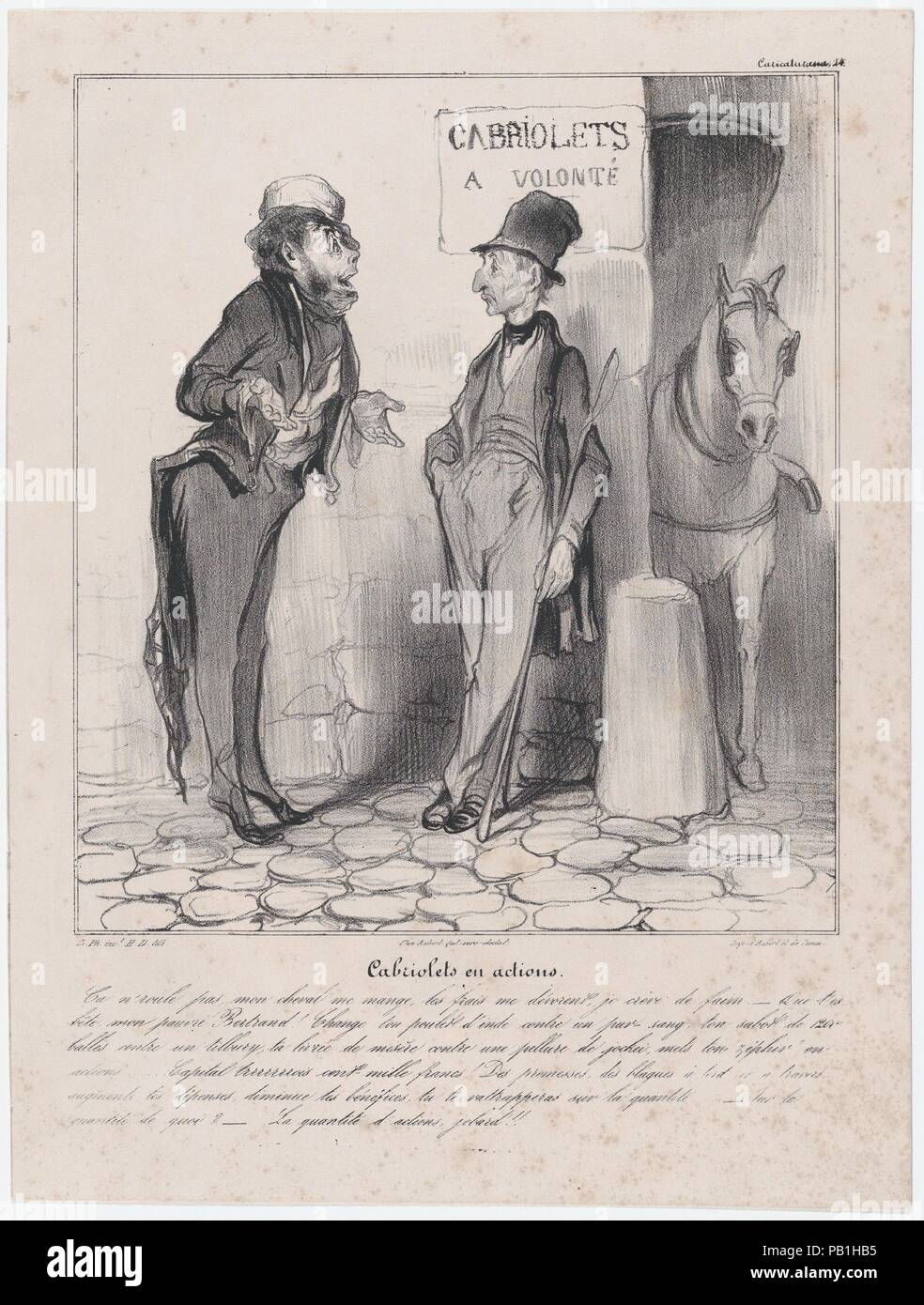 Plate 24: Gigs in action, from 'Caricaturana,' published in Les Robert Macaires. Artist: Honoré Daumier (French, Marseilles 1808-1879 Valmondois). Author: Charles Philipon (French, Lyons 1800-1862 Paris). Dimensions: Image: 9 5/8 × 8 1/2 in. (24.4 × 21.6 cm)  Sheet: 13 7/16 × 10 1/16 in. (34.1 × 25.6 cm). Printer: Aubert et Cie; Junca. Publisher: Aubert et Cie. Series/Portfolio: 'Caricaturana'. Date: 1838.  - Cabriolets and a share in horse business. It just won't run, my horse eats me alive, my costs devour me, I'm dying of hunger.   - Poor old Bertrand, you really are stupid. Change your old Stock Photo