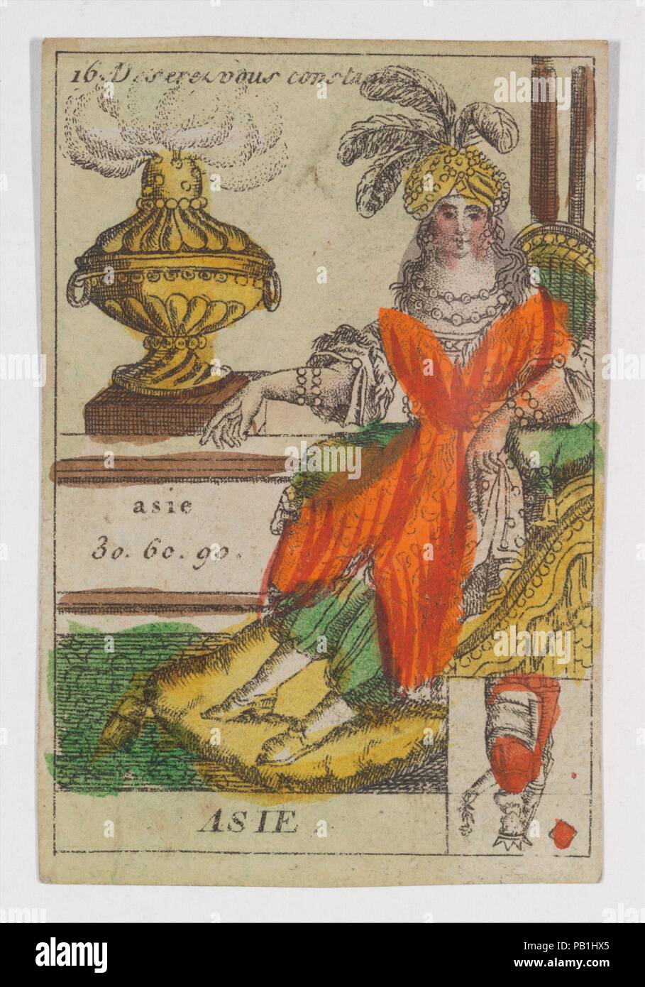 Asie from Playing Cards (for Quartets) 'Costumes des Peuples Étrangers'. Artist: Anonymous, French, 18th century. Dimensions: 3 3/16 × 2 1/16 in. (8.1 × 5.3 cm). Date: 1700-1799. Museum: Metropolitan Museum of Art, New York, USA. Stock Photo