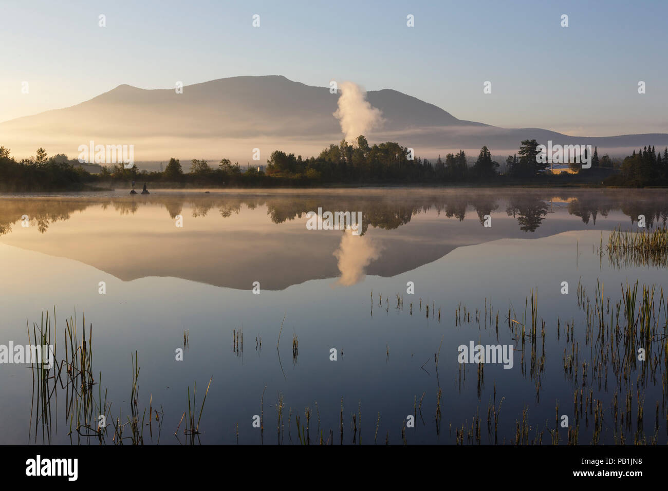 Reflection of Cherry Mountain in Airport Marsh, near Mt Washington Regional Airport, in Whitefield, New Hampshire USA a foggy summer morning. Stock Photo