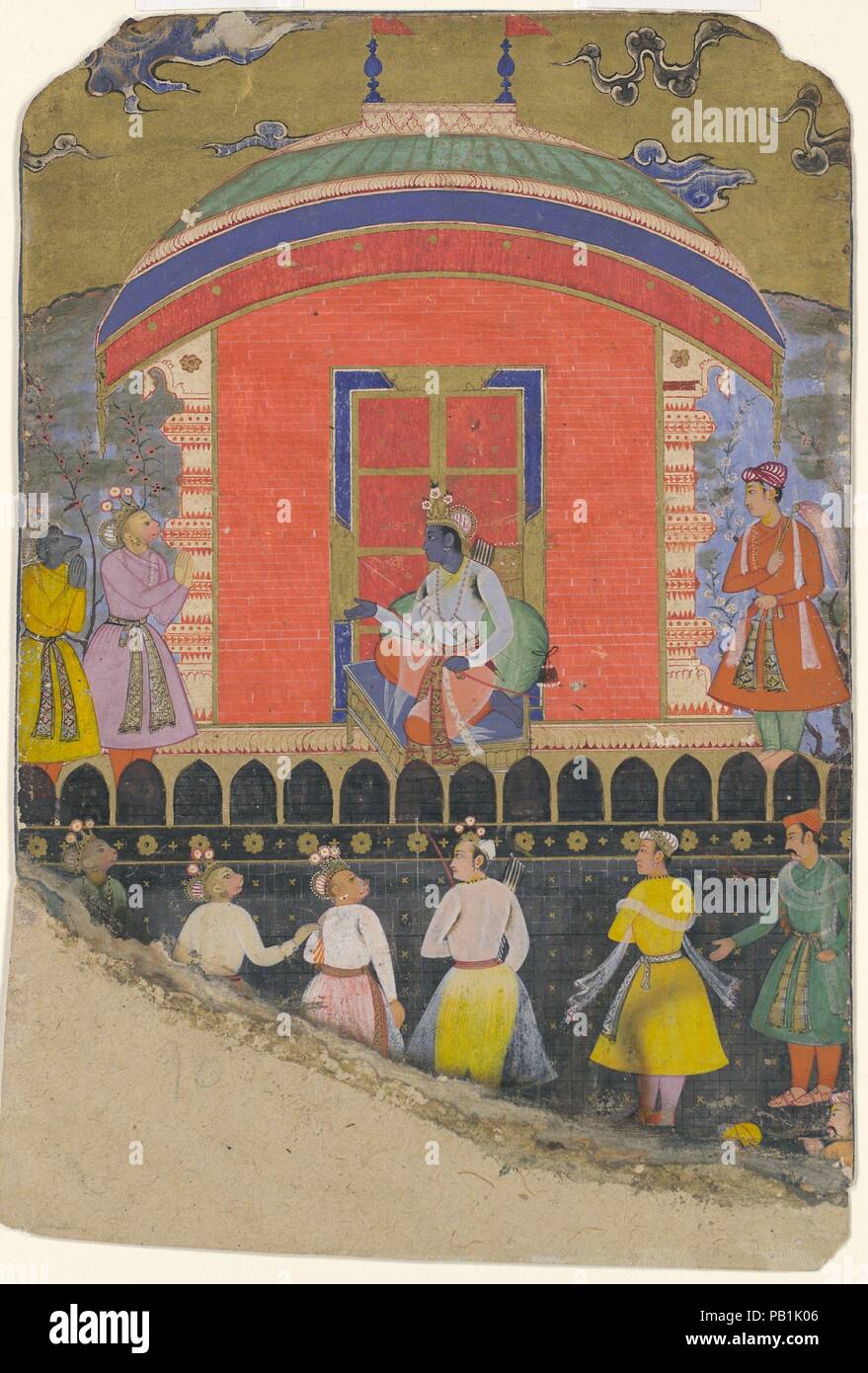 'Rama Receives Sugriva and Jambavat, the Monkey and Bear Kings', Folio from a Ramayana. Dimensions: Painting: H. 10 7/8 in. (27.6 cm)  W. 7 1/2 in. (19.1 cm)  Page: H. 10 7/8 in. (27.6 cm)   W. 7 1/2 in. (19.1 cm)  Mat: H. 19 1/4 in. (48.9 cm)   W. 14 1/4 in. (36.2 cm). Date: ca. 1605.  Prince Rama's victory over the demon king Ravana was won with the aid of the monkey and bear armies. Here, the blue-skinned Rama is seated in front of a curved pavilion with the monkey and bear kings, Sugriva and Jambavat, who stand before him with folded hands. The page comes from a copy of the Ramayana probab Stock Photo