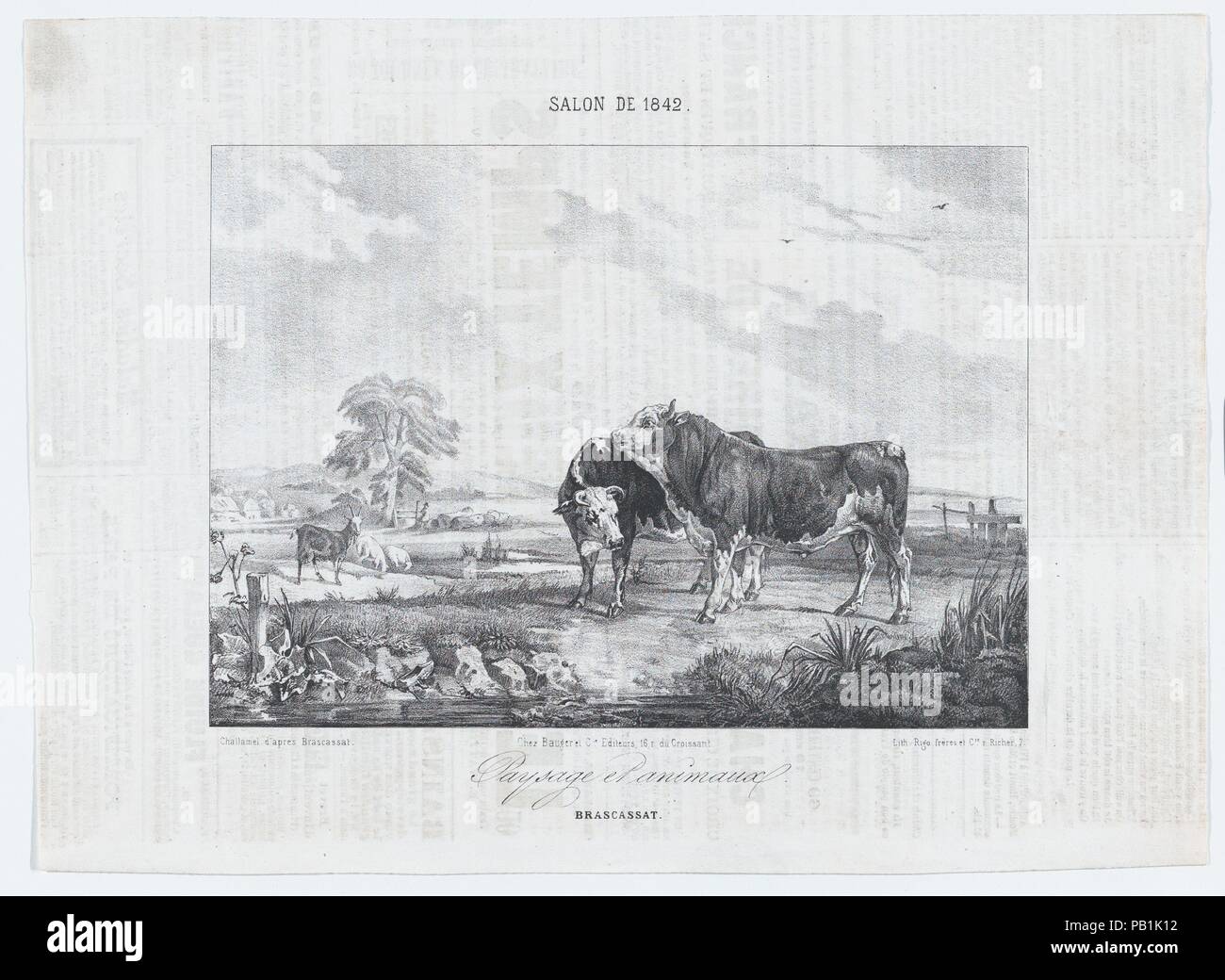 Salon of 1842:  Landscape with Animals. Artist: Jules-Robert-Pierre-Joseph Challamel (French, 1813-1863 (?)); After Jacques-Raymond Brascassat (French, 1804-1867). Dimensions: Sheet: 8 3/8 x 11 9/16 in. (21.3 x 29.3 cm)  Image: 5 3/4 x 8 1/8 in. (14.6 x 20.6 cm). Printer: J. Rigo, Lebref et Cie. Date: 1842. Museum: Metropolitan Museum of Art, New York, USA. Stock Photo