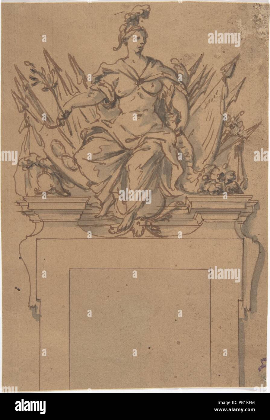 Design for an Overdoor or Chimney Piece with an Armorial Trophy and the personification of Victory. Artist: Anonymous, French, 18th century. Dimensions: sheet: 4 3/8 x 6 in. (11.1 x 15.2 cm). Date: 18th century. Museum: Metropolitan Museum of Art, New York, USA. Stock Photo