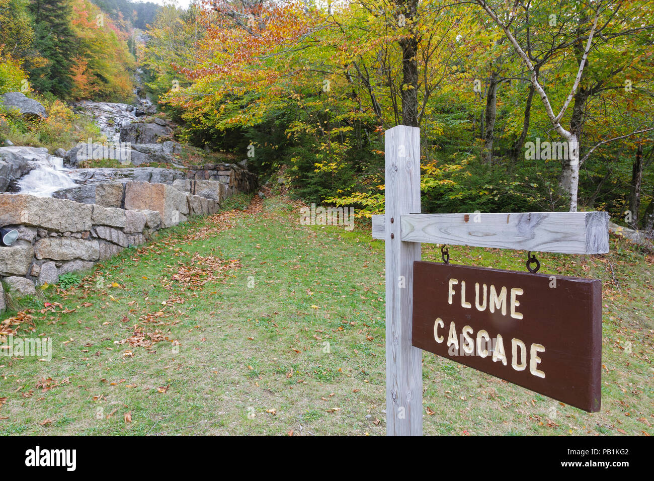 Flume Cascade in Hart’s Location, New Hampshire during autumn months