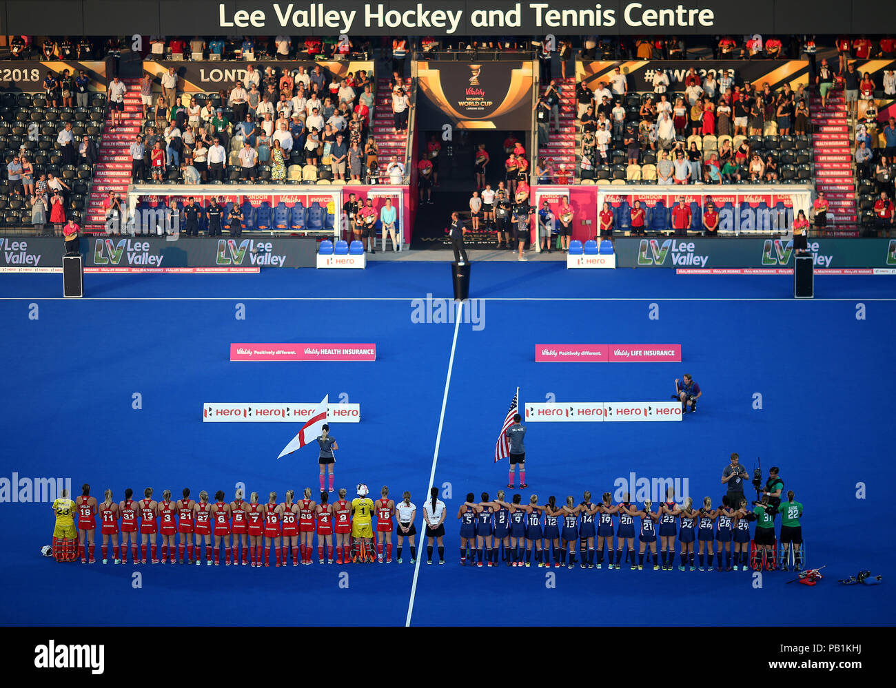 General view of England vs USA during the national anthem during the Vitality Women's Hockey World Cup match at The Lee Valley Hockey and tennis Centre, London. PRESS ASSOCIATION Photo, Picture date: Wednesday July 25, 2018. Photo credit should read: Steven Paston/PA Wire. Stock Photo