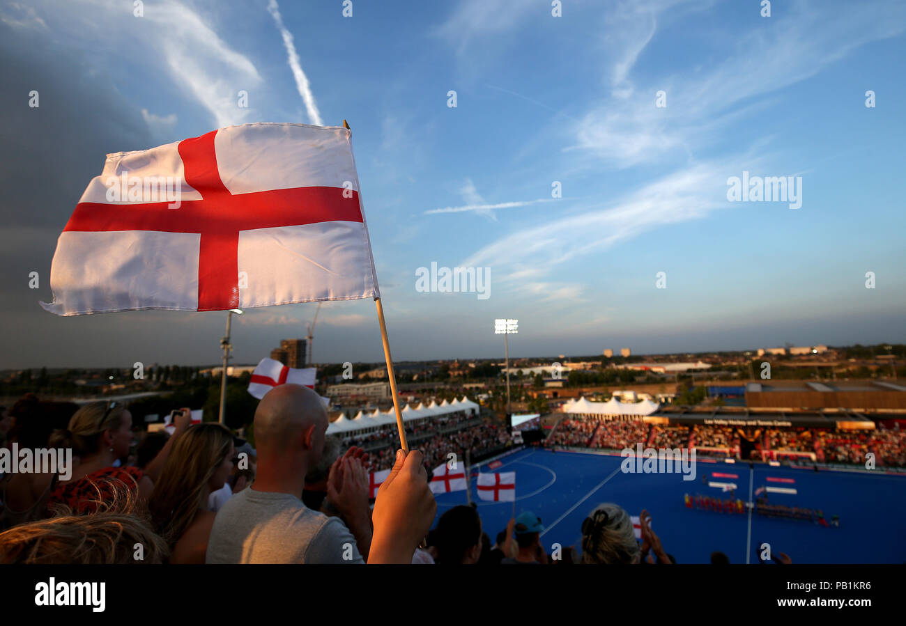 General view of England fans during the national Vitality Women's Hockey World Cup match at The Lee Valley Hockey and Tennis Centre, London. PRESS ASSOCIATION Photo, Picture date: Wednesday July 25, 2018. Photo credit should read: Steven Paston/PA Wire. Stock Photo