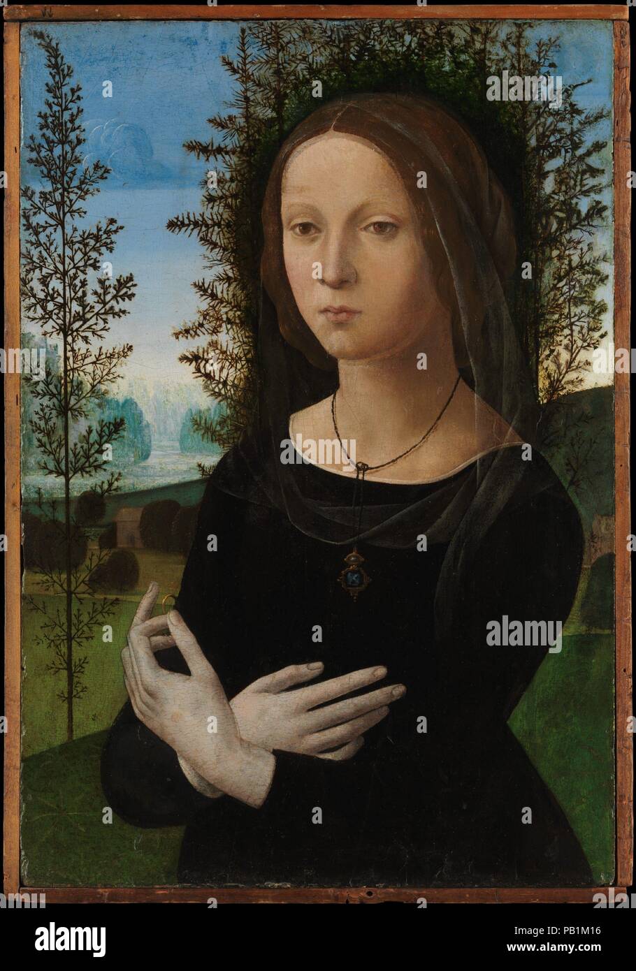 Portrait of a Young Woman. Artist: Lorenzo di Credi (Lorenzo d'Andrea d'Oderigo) (Italian, Florence 1456/59-1536 Florence). Dimensions: 23 1/8 x 15 3/4 in. (58.7 x 40 cm). Date: ca. 1490-1500.  This damaged but evocative portrait has been identified as the widow of Credi's brother, who was a goldsmith. This would explain why she is dressed in black and holds a ring. The juniper bush (<i>ginepro</i>) behind her could refer to her name, Ginevra di Giovanni di Niccolò. The picture was inspired by Leonardo's portrait of Ginevra de' Benci in the National Gallery of Art, Washington. Museum: Metropol Stock Photo