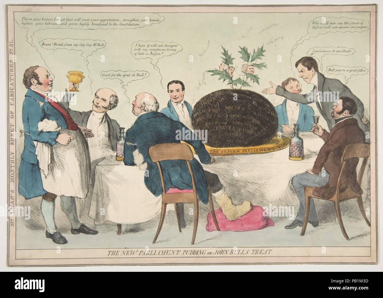 The New Parliament Pudding or John Bull's Treat. Artist: Anonymous, British, 19th century. Dimensions: sheet: 9 15/16 x 14 1/16 in. (25.2 x 35.7 cm). Publisher: Thomas McLean (British, active London 1788-1885). Date: ca. 1832.  John Bull stands at left, while a group of men sit around a table on which rests a huge pudding. Its platter is labeled: 'The Reform Parliament'. From the pudding rises a steam of 'Whiggism'. Holly leaves stuck in its top contain the faces of politicians. Museum: Metropolitan Museum of Art, New York, USA. Stock Photo