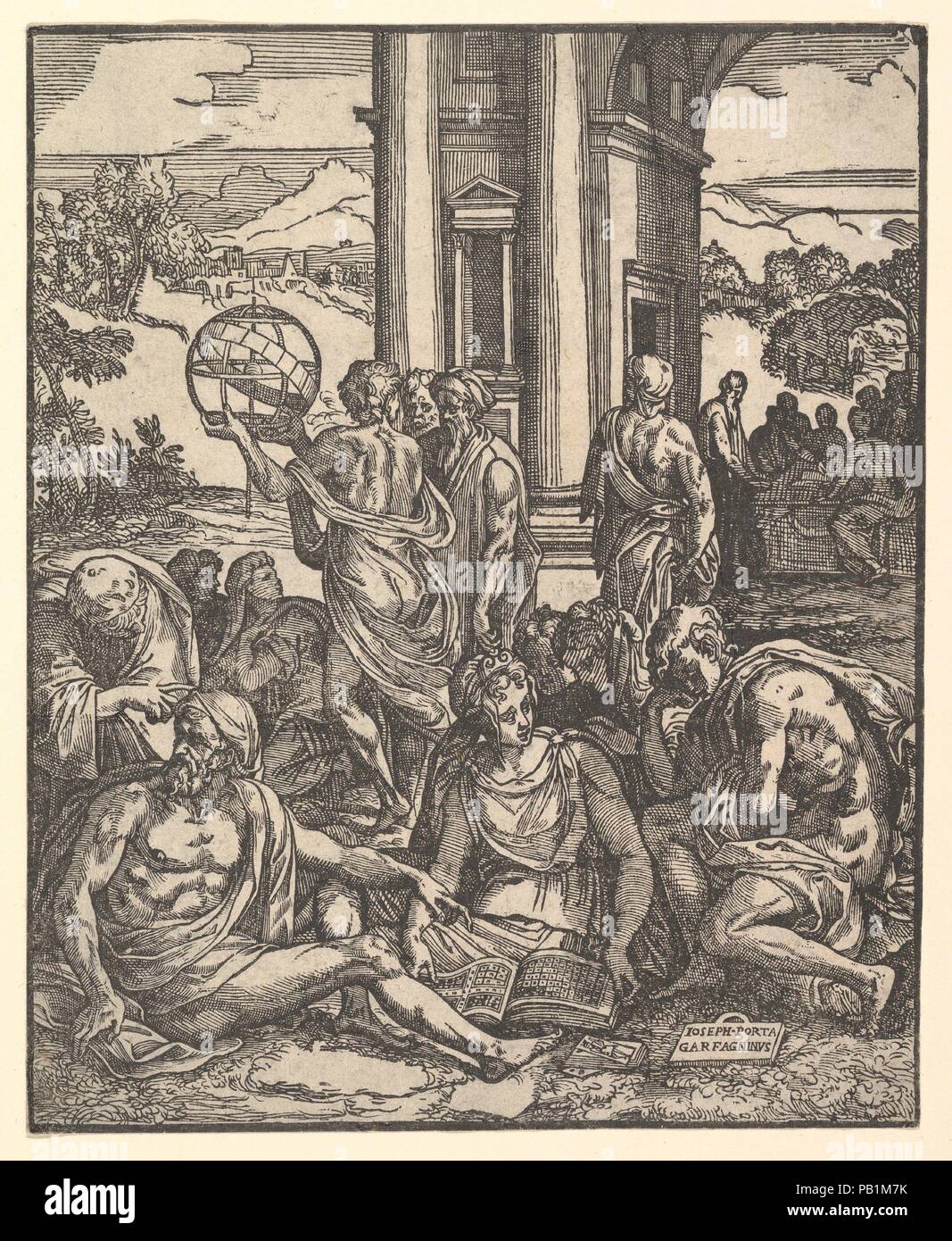 Frontispiece to 'Le sorti di Francesco Marcolini da Forli intitolato Giardino di Pensieri'. Artist: After Marco Dente (Italian, Ravenna, active by 1515-died 1527 Rome); Giuseppe Salviati (Giuseppe Porta, called Il Salviati) (Italian, Castelnuovo di Garfagnana ca. 1520-ca. 1575 Venice). Dimensions: sheet: 9 7/16 x 7 5/8 in. (23.9 x 19.3 cm). Date: 1540.  This woodcut of a scholarly gathering is fully signed by Giuseppe Salviati yet is an almost exact copy of an engraving by Marco Dente, who died in 1527. The only changes are the adaptation of the book in the foreground to represent Marcolini's  Stock Photo