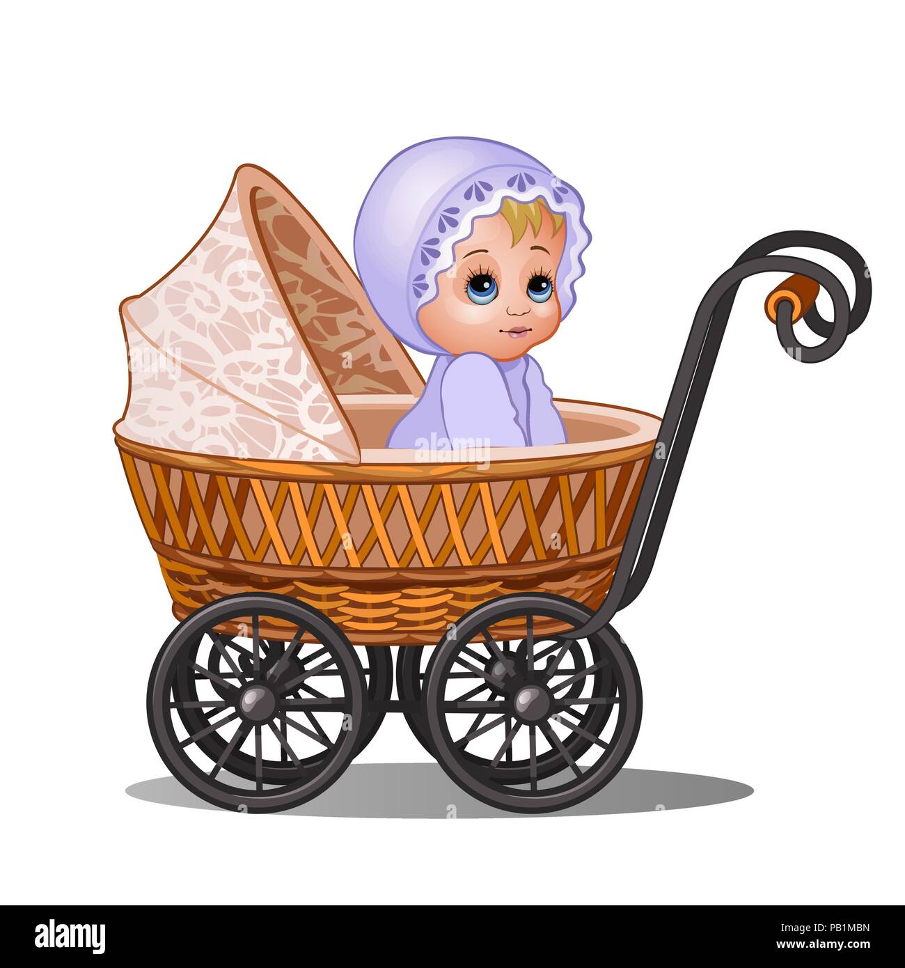 Little girl sitting in a vintage stroller isolated on white background. Vector cartoon close-up illustration. Stock Vector