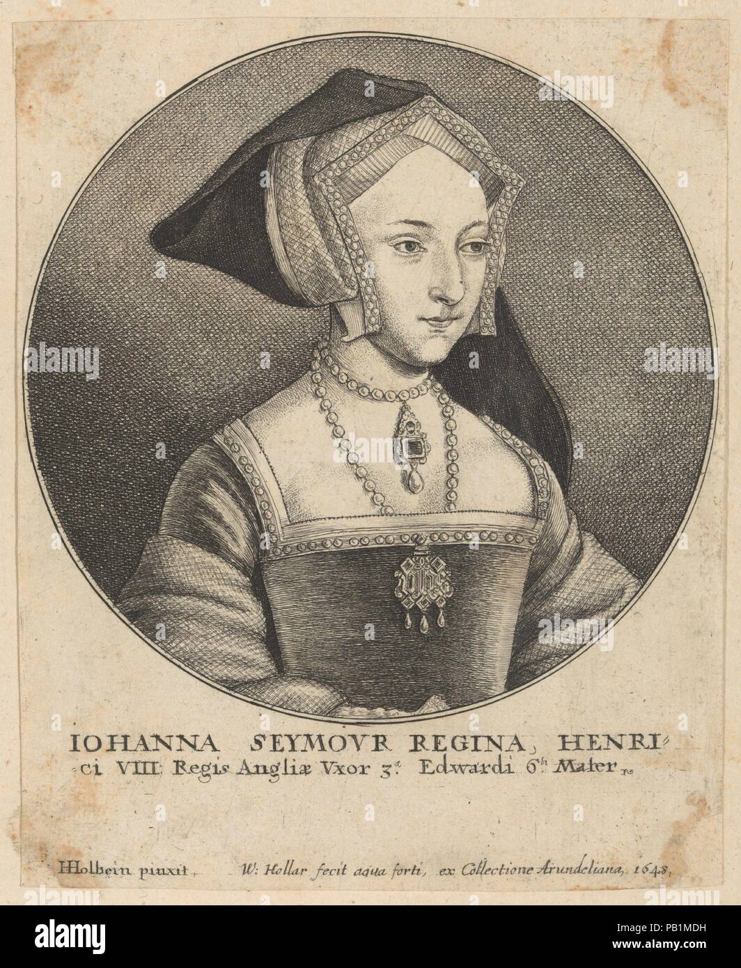 Iohanna Seymovr Regina Henri. Artist: After Hans Holbein the Younger (German, Augsburg 1497/98-1543 London). Dimensions: sheet: 5 3/16 x 4 1/4 in. (13.2 x 10.8 cm). Etcher: Wenceslaus Hollar (Bohemian, Prague 1607-1677 London). Sitter: Jane Seymour (British, 1508/09-1547). Date: 1648.  Portrait of Jane Seymour; half length, to the right; wearing four-sided peaked bonnet with black veil, and low square-cut bodice bordered with pearls and a large jewel, pearls around her neck from which hangs another jewel with pendant pearl; in on oval; after Holbein. Museum: Metropolitan Museum of Art, New Yor Stock Photo