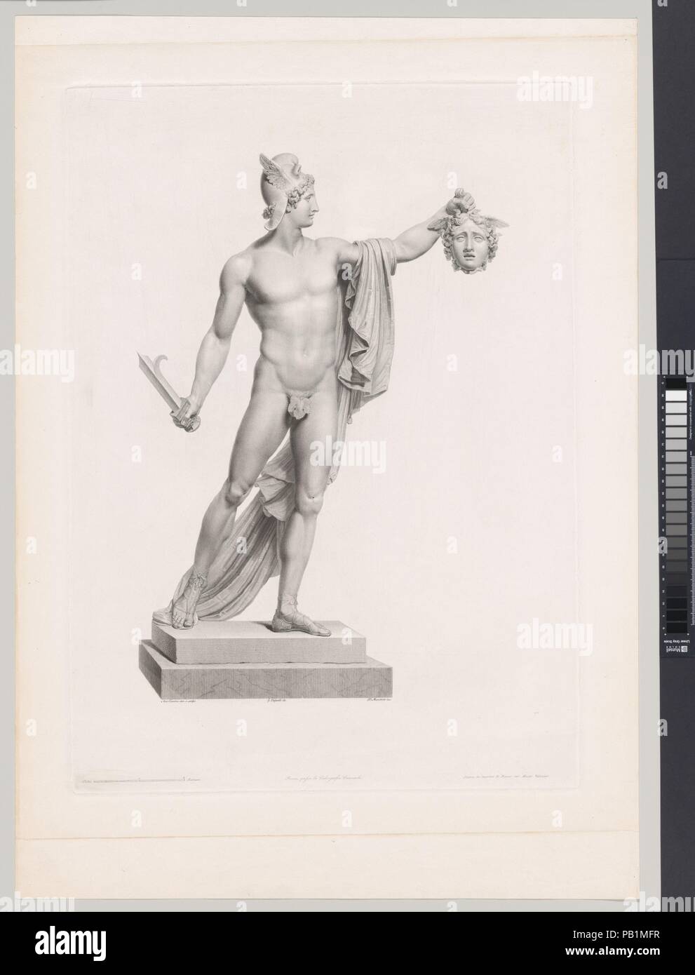 Perseus Triumphant. Artist: Domenico Marchetti (Italian, Rome ca. 1780-after 1844 Rome); Intermediary draughtsman Giovanni Tognolli (Italian, Bieno 1786-1862 Rome (?)); After Antonio Canova (Italian, Possagno 1757-1822 Venice). Dimensions: Plate: 24 7/8 × 17 15/16 in. (63.2 × 45.5 cm)  Sheet: 31 in. × 21 15/16 in. (78.7 × 55.7 cm). Date: 1813.  One of the most heroic acts of Perseus, son of Jupiter and the mortal princess Danae, was the beheading of the snake-haired Medusa. In a witty play on the power of the Gorgon's severed head to turn men to stone, Canova's hero looks directly at it and ha Stock Photo