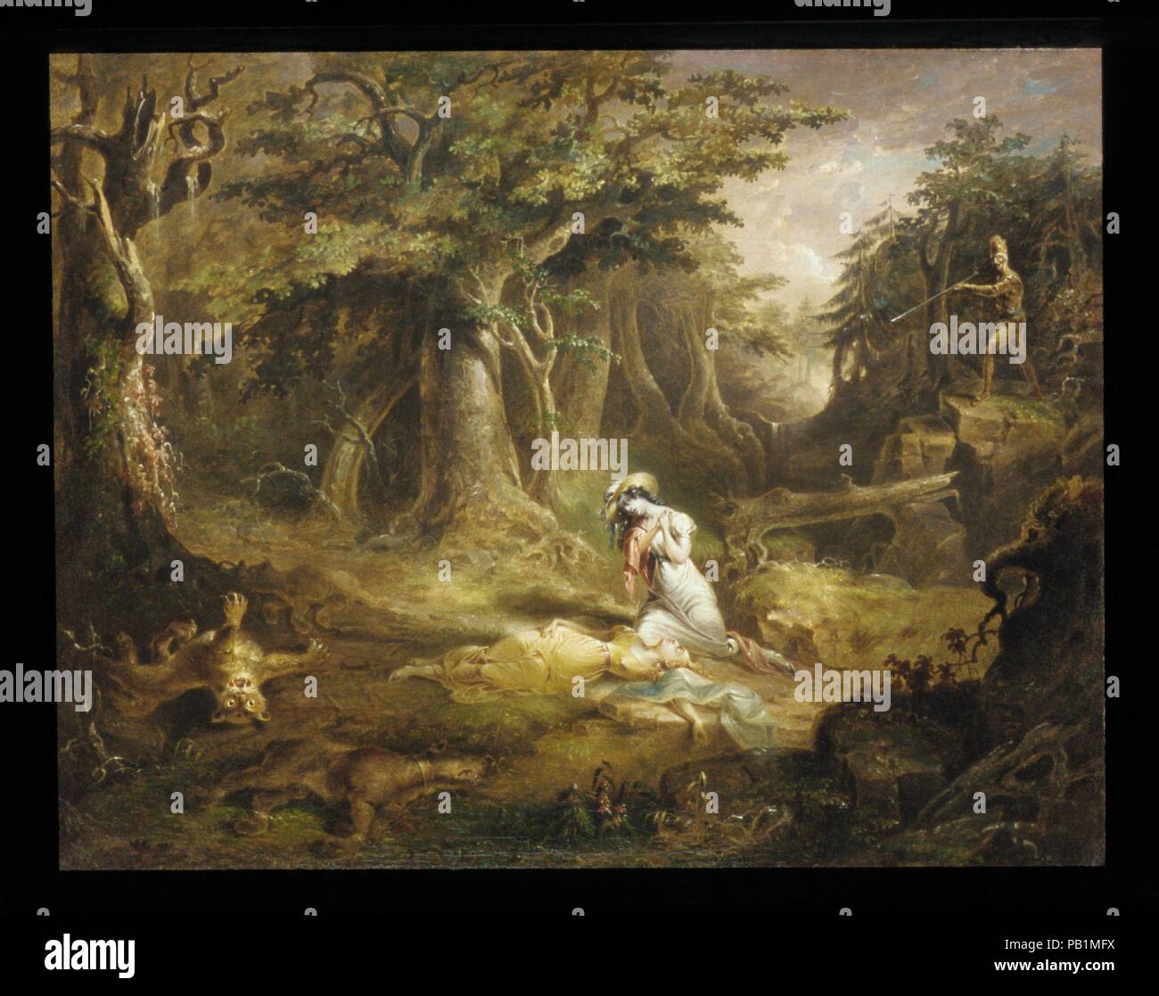 Leatherstocking's Rescue. Artist: John Quidor (1801-1881). Dimensions: 26 x 34 in. (66 x 86.4 cm). Date: 1832.  While better known for his paintings based on the writings of Washington Irving, Quidor also painted scenes from the popular novels of James Fenimore Cooper. In this episode from The Pioneers (1823), the woodsman Natty Bumppo, also known as Leatherstocking, rescues two comely young women from a female panther, which, in protecting her cub, destroyed their dog and then turned, threateningly, to them. Quidor enhanced the fantastic and horrific aspects of the story in the highly stylize Stock Photo
