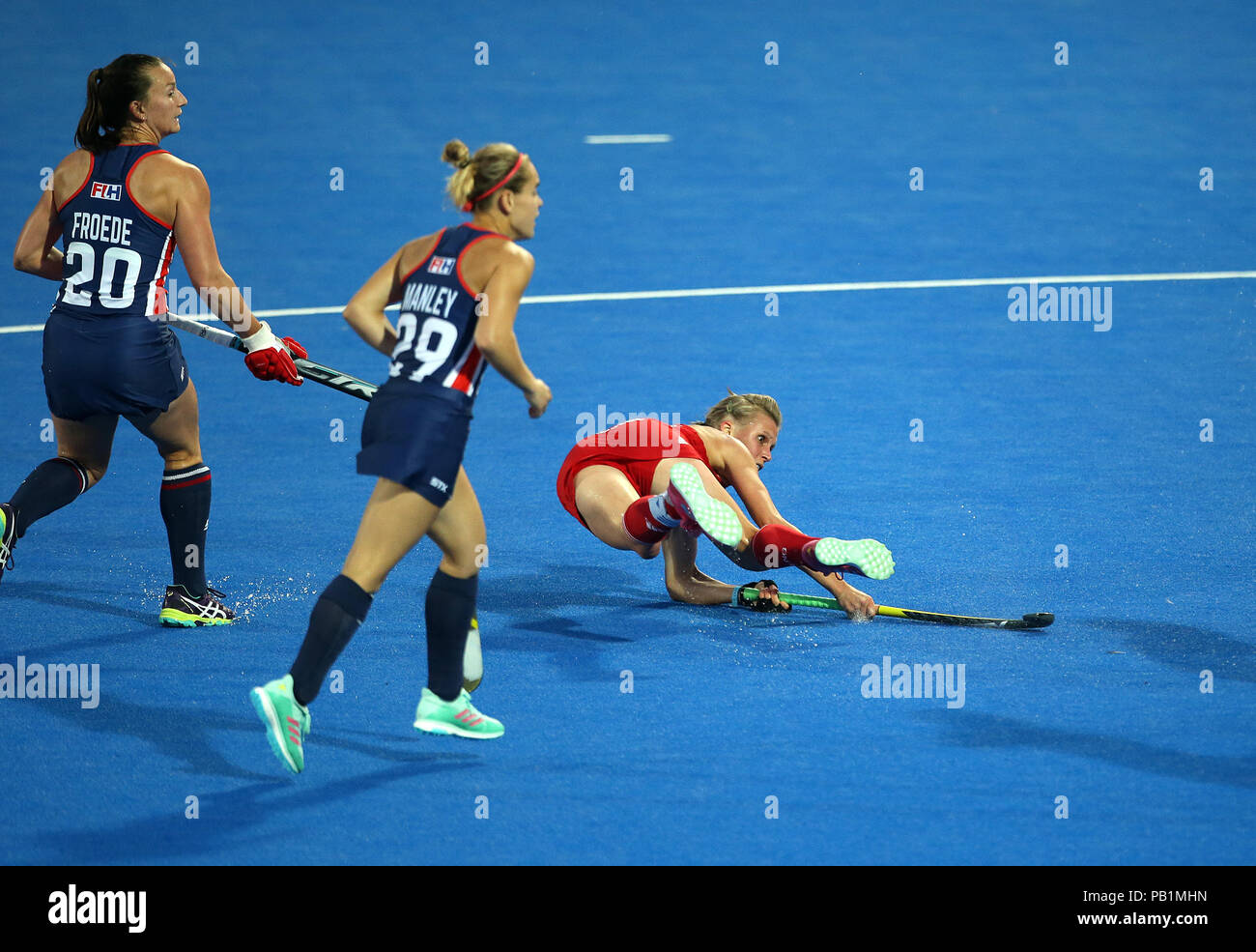 England's Alex Danson scores her sides first goal during the national Vitality Women's Hockey World Cup match at The Lee Valley Hockey and Tennis Centre, London. PRESS ASSOCIATION Photo, Picture date: Wednesday July 25, 2018. Photo credit should read: Steven Paston/PA Wire. Stock Photo