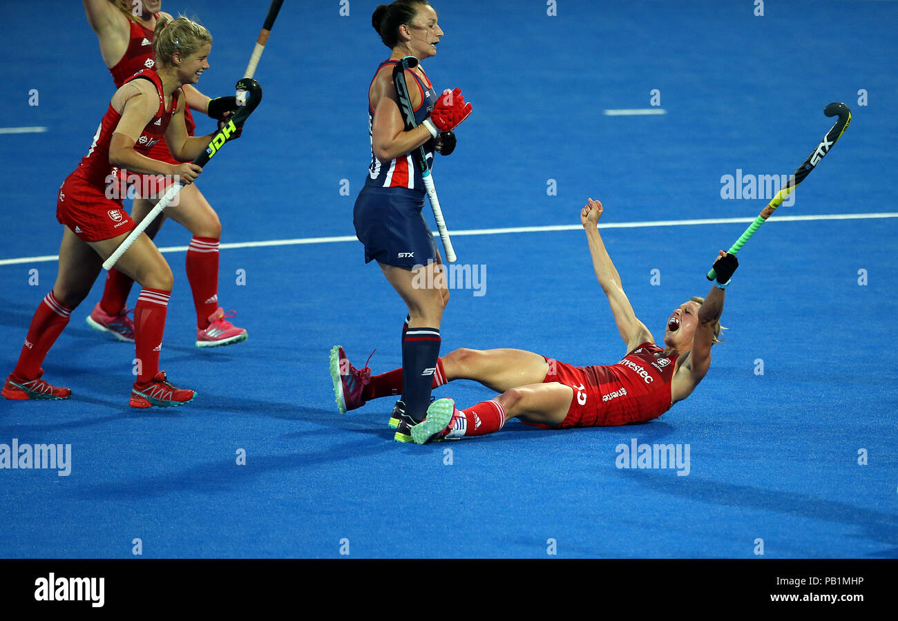 England's Alex Danson celebrates scoring her sides first goal during the national Vitality Women's Hockey World Cup match at The Lee Valley Hockey and Tennis Centre, London. PRESS ASSOCIATION Photo, Picture date: Wednesday July 25, 2018. Photo credit should read: Steven Paston/PA Wire. Stock Photo