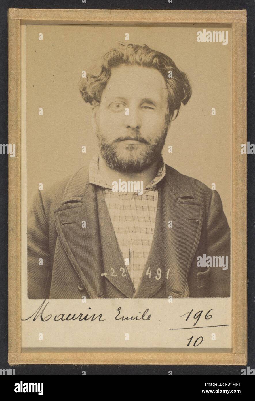 Maurin. Émile, Auguste. 31 ans, né à Marseille (Bouche du Rhône). Ex photographe. Anarchiste. 2/7/94. Artist: Alphonse Bertillon (French, 1853-1914). Dimensions: 10.5 x 7 x 0.5 cm (4 1/8 x 2 3/4 x 3/16 in.) each. Date: 1894.  Born into a distinguished family of scientists and statisticians, Bertillon began his career as a clerk in the Identification Bureau of the Paris Prefecture of Police in 1879. Tasked with maintaining reliable police records of offenders, he developed the first modern system of criminal identification. The system, which became known as Bertillonage, had three components: a Stock Photo