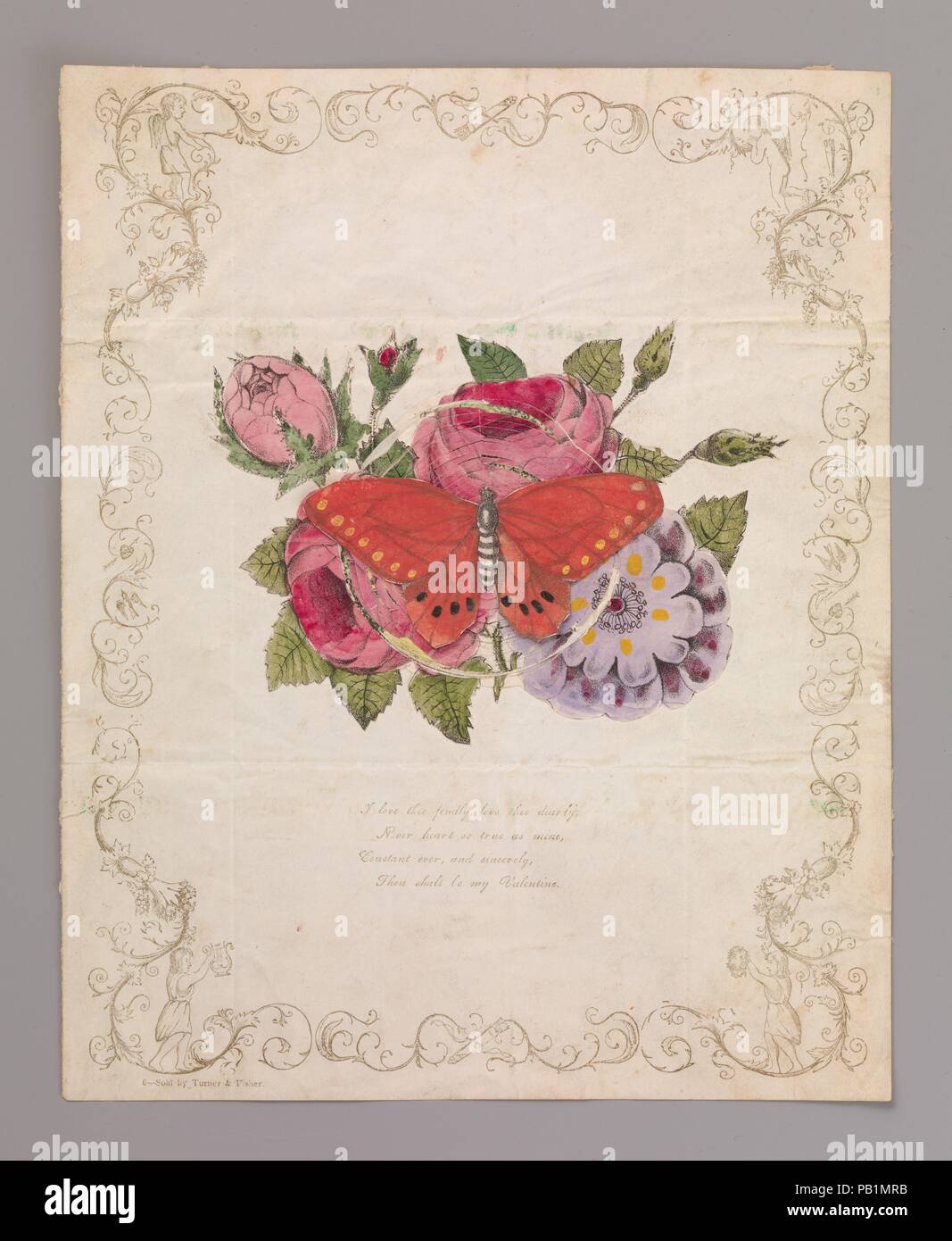 Valentine. Artist: Anonymous. Dimensions: Sheet: 9 13/16 × 7 7/8 in. (25 × 20 cm). Date: 1843-49.  Top sheet only, with lithographed border of scrolls, Cherubs, figures with wreath and lyre. Cobweb in the form of flowers, with butterfly (8.5 x 4 cm.)  applied as a means to lift the spiral. The revealed image is a woman beneath a tree -- sending a letter via a fairy -- with church steeple in background, and love birds beside her.  Paper is toned and some damage to cobweb.  The Cobweb, also known as Beehive, Bird cage, and Flower cage, was a moveable, mechanical device where a top layer is cut i Stock Photo