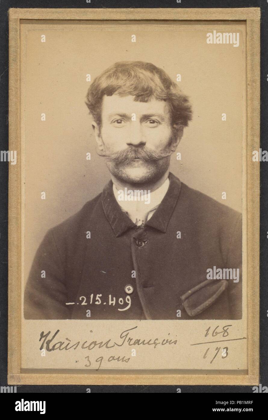 Kaision. François. 39 ans, né à Reims. Mégissier. Anarchiste. 9/3/94. Artist: Alphonse Bertillon (French, 1853-1914). Dimensions: 10.5 x 7 x 0.5 cm (4 1/8 x 2 3/4 x 3/16 in.) each. Date: 1894.  Born into a distinguished family of scientists and statisticians, Bertillon began his career as a clerk in the Identification Bureau of the Paris Prefecture of Police in 1879. Tasked with maintaining reliable police records of offenders, he developed the first modern system of criminal identification. The system, which became known as Bertillonage, had three components: anthropometric measurement, preci Stock Photo