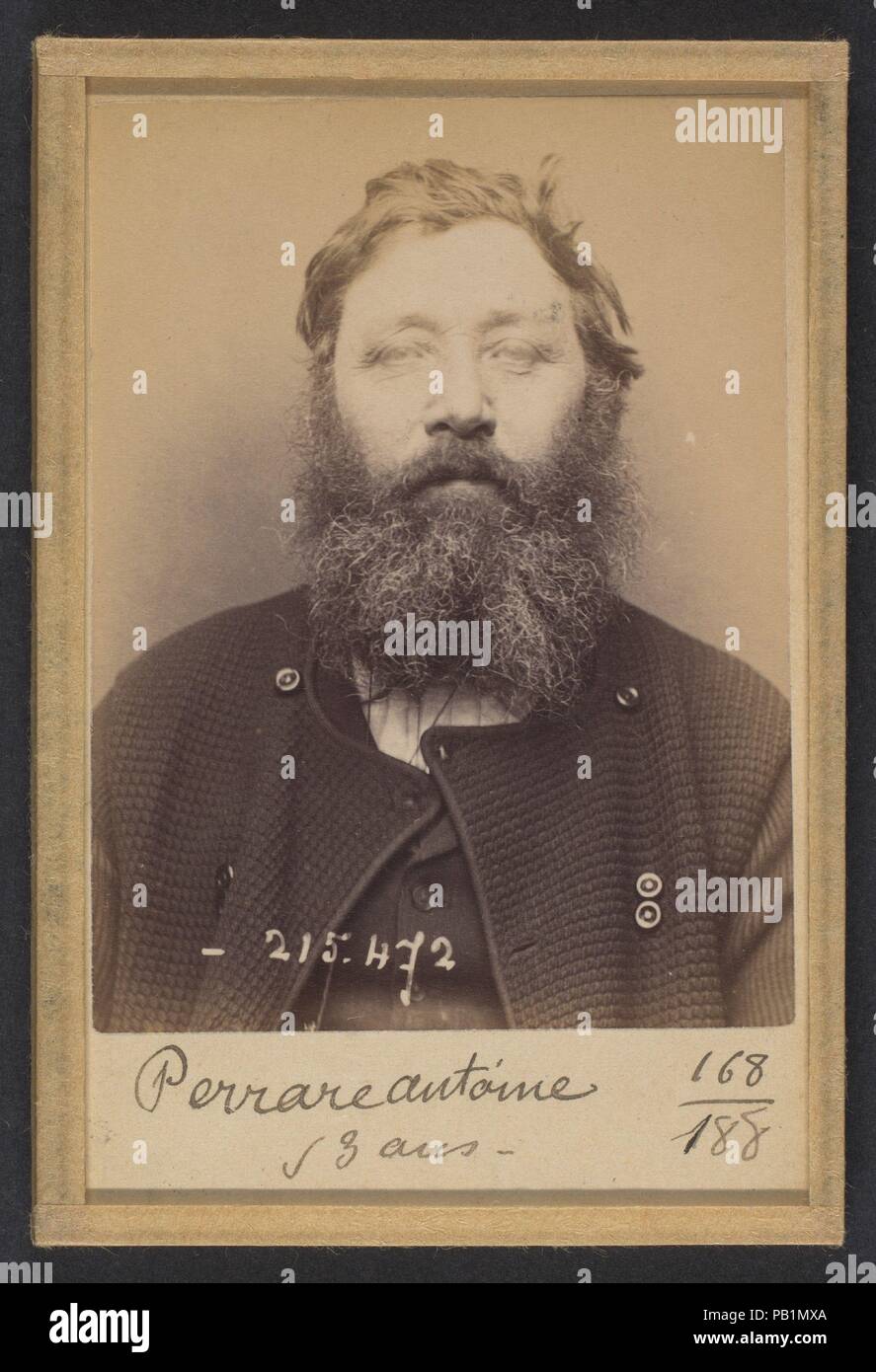 Perrare. Antoine. 53 ans, né à St Diaur (Rhône). Mécanicien. Anarchiste.  10/3/94. Artist: Alphonse Bertillon (French, 1853-1914). Dimensions: 10.5 x  7 x 0.5 cm (4 1/8 x 2 3/4 x 3/16 in.)