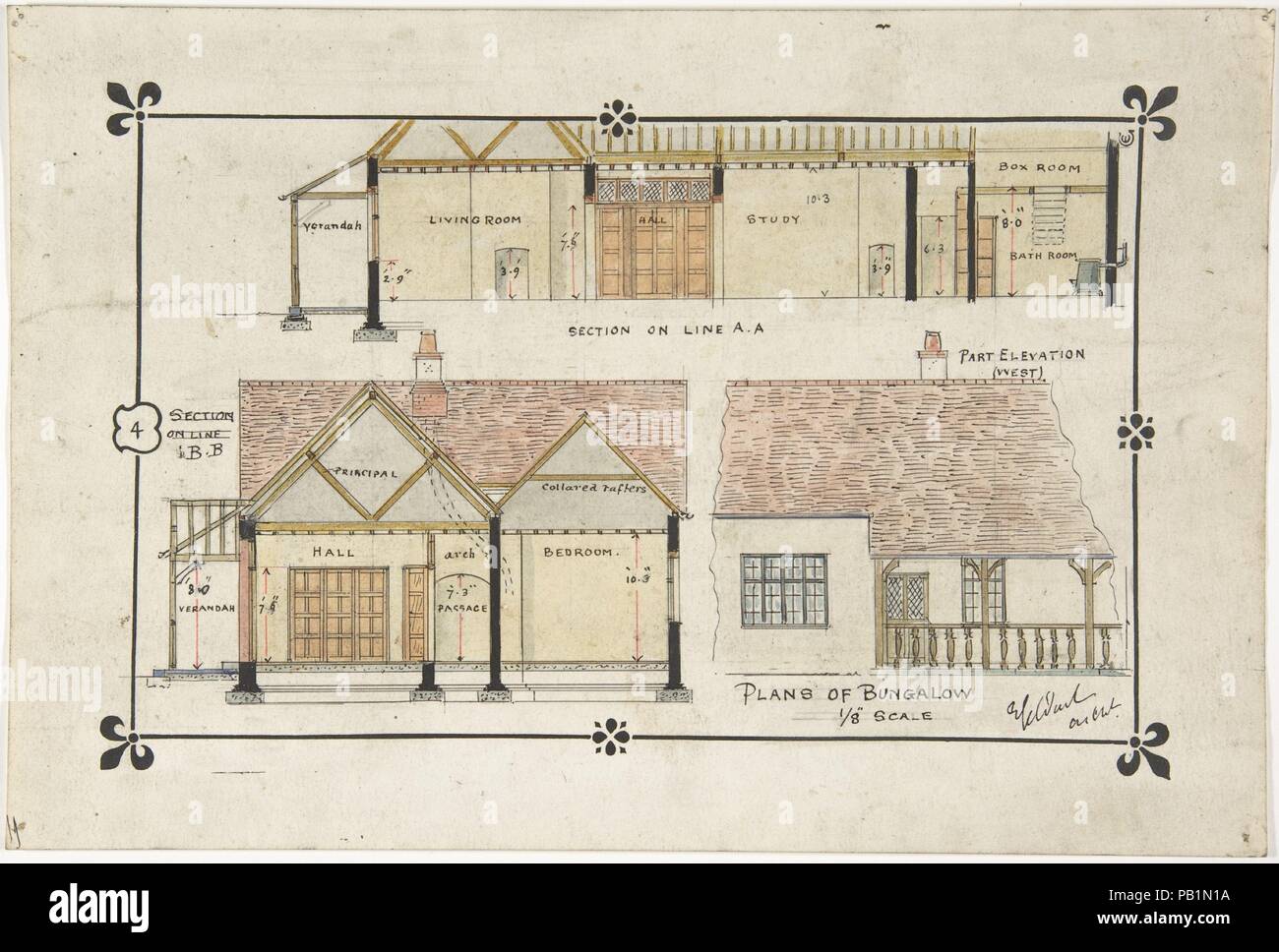 Bungalow drawing -- Western elevation and interior. Artist: Ernest Geldart (British, London 1848-1929). Dimensions: sheet: 8 1/16 x 11 15/16 in. (20.4 x 30.3 cm). Date: late 19th-early 20th century. Museum: Metropolitan Museum of Art, New York, USA. Stock Photo