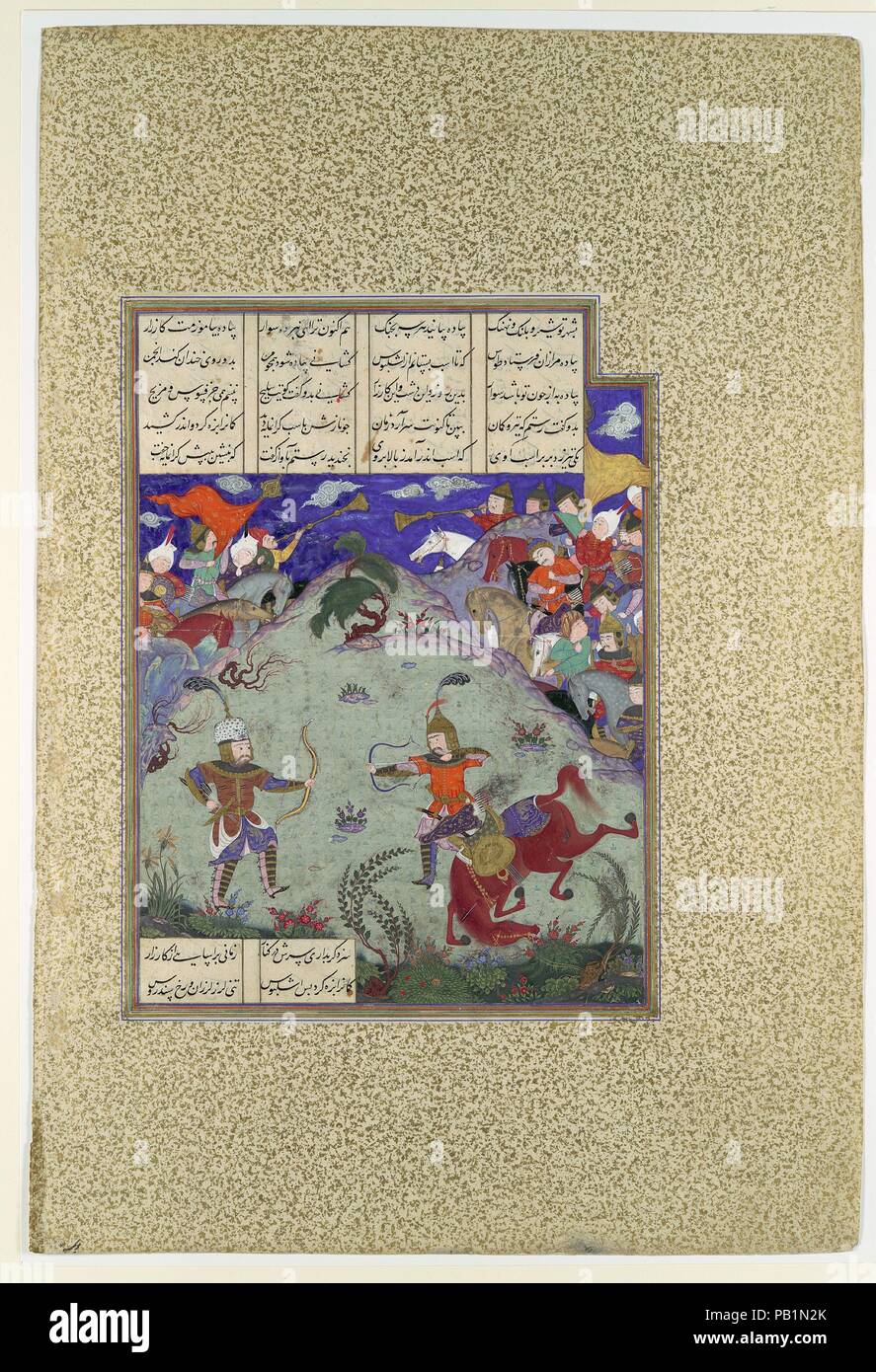 'The Combat of Rustam and Ashkabus', Folio 268v from the Shahnama (Book of Kings) of Shah Tahmasp. Artist: Painting attributed to Mirza Muhammad Qabahat. Author: Abu'l Qasim Firdausi (935-1020). Dimensions: Painting: H. 9 3/8 x W. 7 5/8 in. (H. 23.8 x W. 19.4 cm)  Entire Page: H. 18 5/8 x W. 12 5/8 in. (H. 47.3 x W. 32.1 cm). Workshop director: 'Abd al-'Aziz (active first half 16th century). Date: ca. 1525-30.  With daylight the battle resumes. Before the armies can clash, Ashkabus rides out from the Turanian side and starts to abuse the Iranians. After Ruhham tries unsuccessfully to shoot Ash Stock Photo