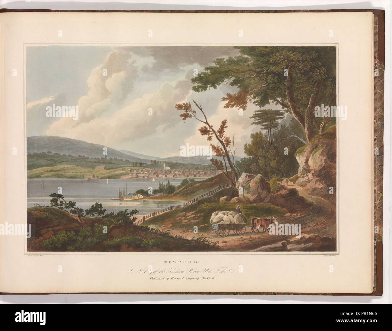 Newburg [Newburgh] (No. 14 of The Hudson River Portfolio). Artist: after William Guy Wall (Irish, Dublin 1792-after 1864 Ireland (active America)). Dimensions: Image: 14 1/16 x 20 3/16 in. (35.7 x 51.3 cm)  Sheet: 19 x 24 1/2 in. (48.3 x 62.2 cm). Etcher: John Hill (American (born England), London 1770-1850 Clarksville, New York). Publisher: Henry J. Megarey (American, 1818-1845 New York). Series/Portfolio: The Hudson River Portfolio. Date: 1825.  Newburgh sits on the west bank of the river, about sixty-six miles south of Hudson and within the Higlands. John Agg's related text notes that, 'no  Stock Photo