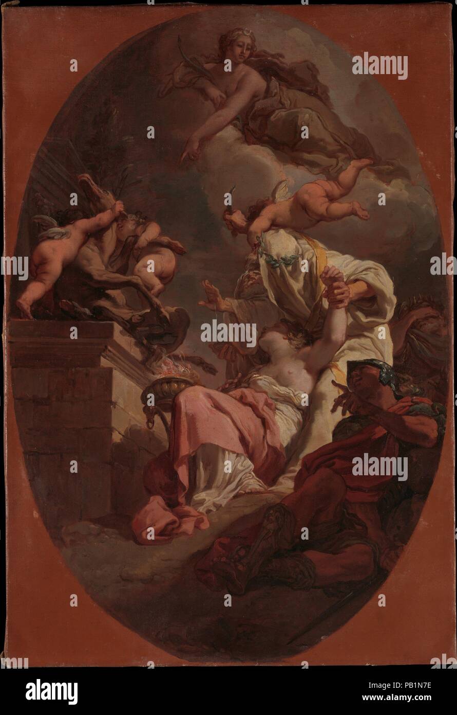 The Sacrifice of Iphigenia. Artist: Gaetano Gandolfi (Italian, San Matteo della Decima 1734-1802 Bologna). Dimensions: 26 7/8 × 18 in. (68.3 × 45.7 cm). Date: 1789.  This oil sketch for a ceiling in a room of Palazzo Gnudi Scagliarini in Bologna takes its subject from the great Greek playwright Euripides (ca. 480-406 BC). Agamemnon's daughter is about to be sacrificed to appease the goddess Diana, who at the climactic moment appears and substitutes a deer on the altar. A flying putto stays the hand of the priest while the warrior Achilles, who had attempted to intervene, lies on the ground, as Stock Photo