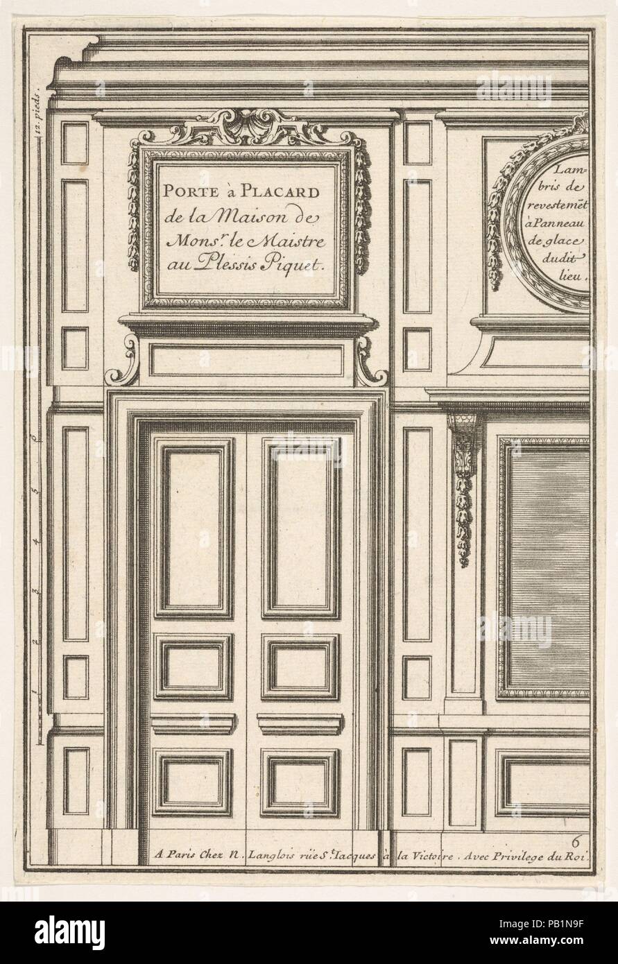 Door and Part of the Wall Paneling with Mirrored Glass from the House of 'Monsieur le Maître' at Plessis Piquet, plate VI from the Series 'Portes a Placard et Lambris', published as part of 'L'Architecture à la Mode'. Dimensions: image: 7 11/16 x 5 5/16 in. (19.5 x 13.5 cm). Etcher: Jean Le Pautre (French, Paris 1618-1682 Paris). Publisher: Nicolas Langlois (French, Paris 1640-1703). Date: 17th century. Museum: Metropolitan Museum of Art, New York, USA. Stock Photo