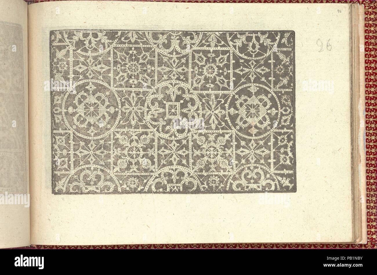 Corona delle Nobili et Virtuose Donne: Libro I-IV, page 96 (recto). Dimensions: Overall: 5 1/2 x 7 11/16 in. (14 x 19.5 cm). Published in: Venice. Publisher: Cesare Vecellio (Italian, Pieve di Cadore 1521-1601 Venice) , Venice. Date: 1601.  Published by Cesare Vecellio, Italian, Pieve di Cadore 1521-1601 Venice, Venice.  From top to bottom, and left to right:  Design is decorated with a pattern of squares and circles that are ornamented with different 4-petaled flowers. Museum: Metropolitan Museum of Art, New York, USA. Stock Photo