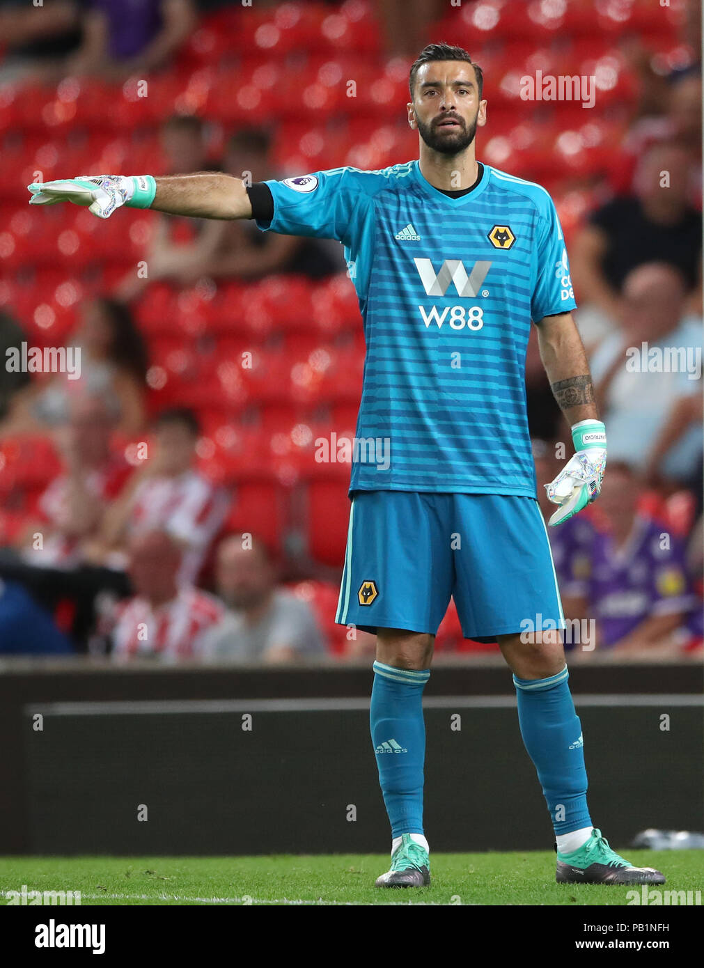 Wolverhampton Wanderers' goalkeeper Rui Patricio gestures during a pre season friendly match at The Bet365 Stadium, Stoke. PRESS ASSOCIATION Photo. Picture date: Wednesday July 25, 2018. Photo credit should read: Nick Potts/PA Wire. No use with unauthorised audio, video, data, fixture lists, club/league logos or 'live' services. Online in-match use limited to 75 images, no video emulation. No use in betting, games or single club/league/player publications. Stock Photo