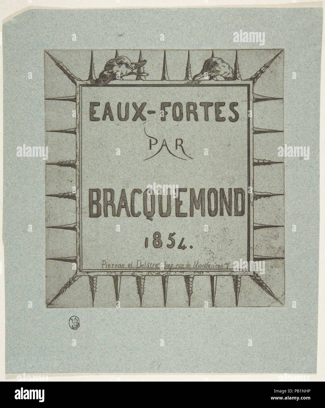 Eaux-fortes par Bracquemond. Artist: Félix Bracquemond (French, Paris 1833-1914 Sèvres). Dimensions: Sheet: 8 13/16 × 7 9/16 in. (22.4 × 19.2 cm)  Plate: 6 1/4 × 5 13/16 in. (15.8 × 14.8 cm). Printer: Pierron et Delâtre (French). Date: 1854.  The etchers who produced albums with Cadart during the 1850s and 1860s favored simple designs for their title pages. For his first series, Bracquemond produced this print in which the required text is adorned only by the image of two ducks. The animals were, in fact, a trademark for Bracquemond--a favorite subject, they recurred throughout his work in the Stock Photo