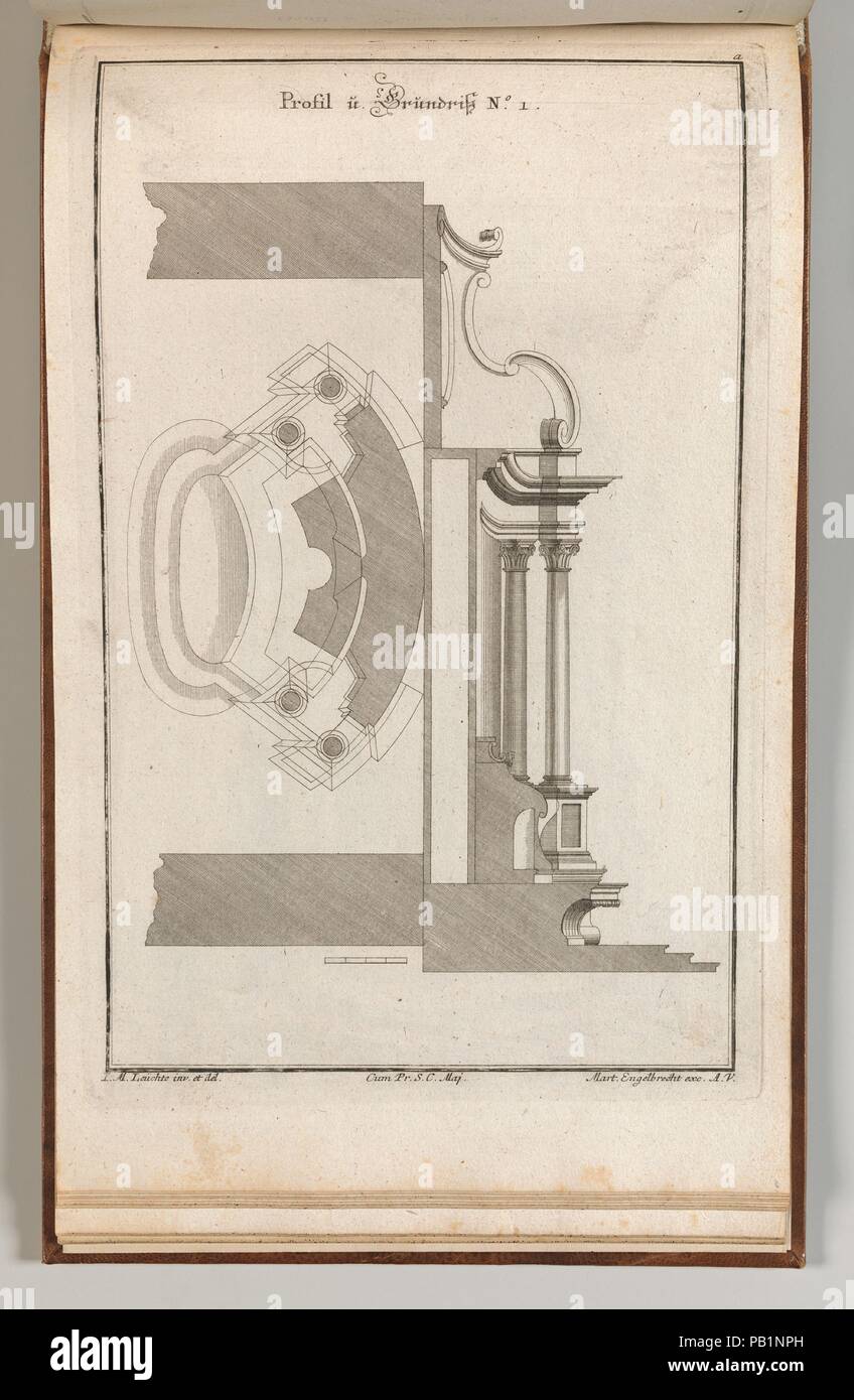 Floorplan and Side View of an Altar, Plate a (2) from 'Unterschiedliche Neu Inventierte Altäre mit darzu gehörigen Profillen u. Grundrißen.'. Artist: Johann Michael Leüchte (German, active Augsburg, died 1759). Dimensions: Overall: 8 7/16 × 13 3/4 in. (21.5 × 35 cm). Publisher: Martin Engelbrecht (German, Augsburg 1684-1756 Augsburg). Date: Printed ca. 1750-56.  Ornament print with the floorplan and side view of the altar presented in the previous print (altar in a late Baroque style with statues of Catherine of Siena and Saint Dominicus). This print is bound in an album containing 27 series w Stock Photo