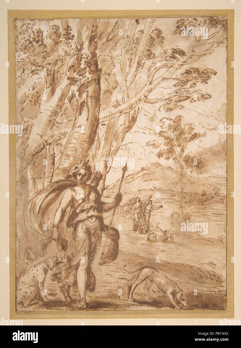The Goddess Diana with Her Hounds Standing in a Landscape. Artist: Agostino Tassi (Italian, Ponzano Romano ca. 1580-1644 Rome). Dimensions: sheet: 9 x 6 9/16 in. (22.8 x 16.6 cm). Date: n.d.. Museum: Metropolitan Museum of Art, New York, USA. Stock Photo