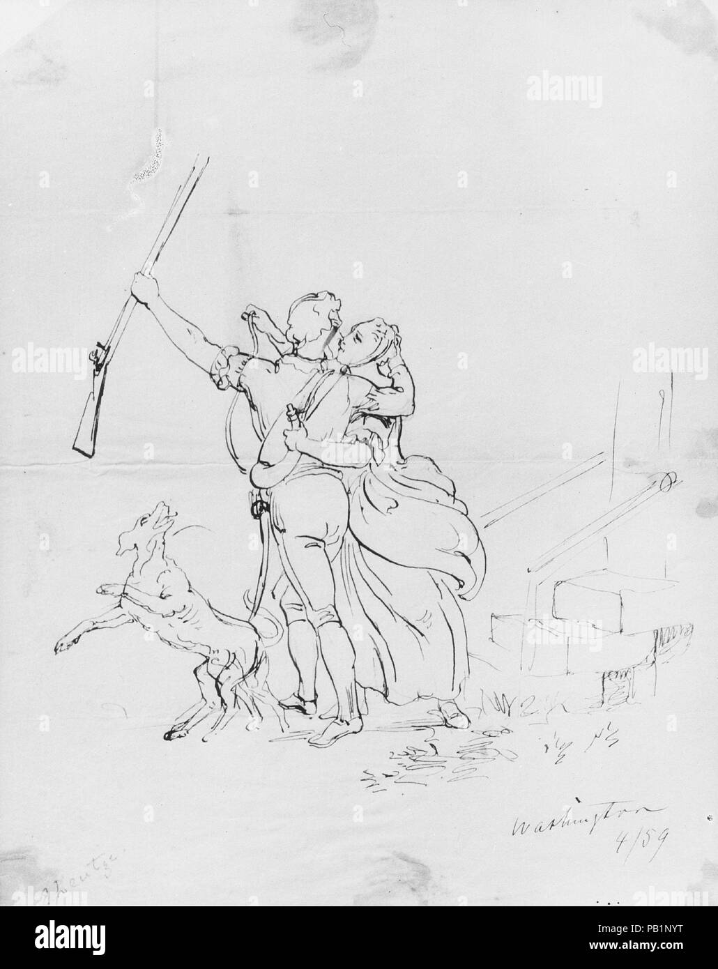 The Soldier's Farewell (from McGuire Scrapbook). Artist: Emanuel Leutze (American, Schwäbisch Gmünd 1816-1868 Washington, D.C.). Dimensions: 9 7/8 x 7 3/4 in. (25.1 x 19.7 cm). Date: 1859. Museum: Metropolitan Museum of Art, New York, USA. Stock Photo
