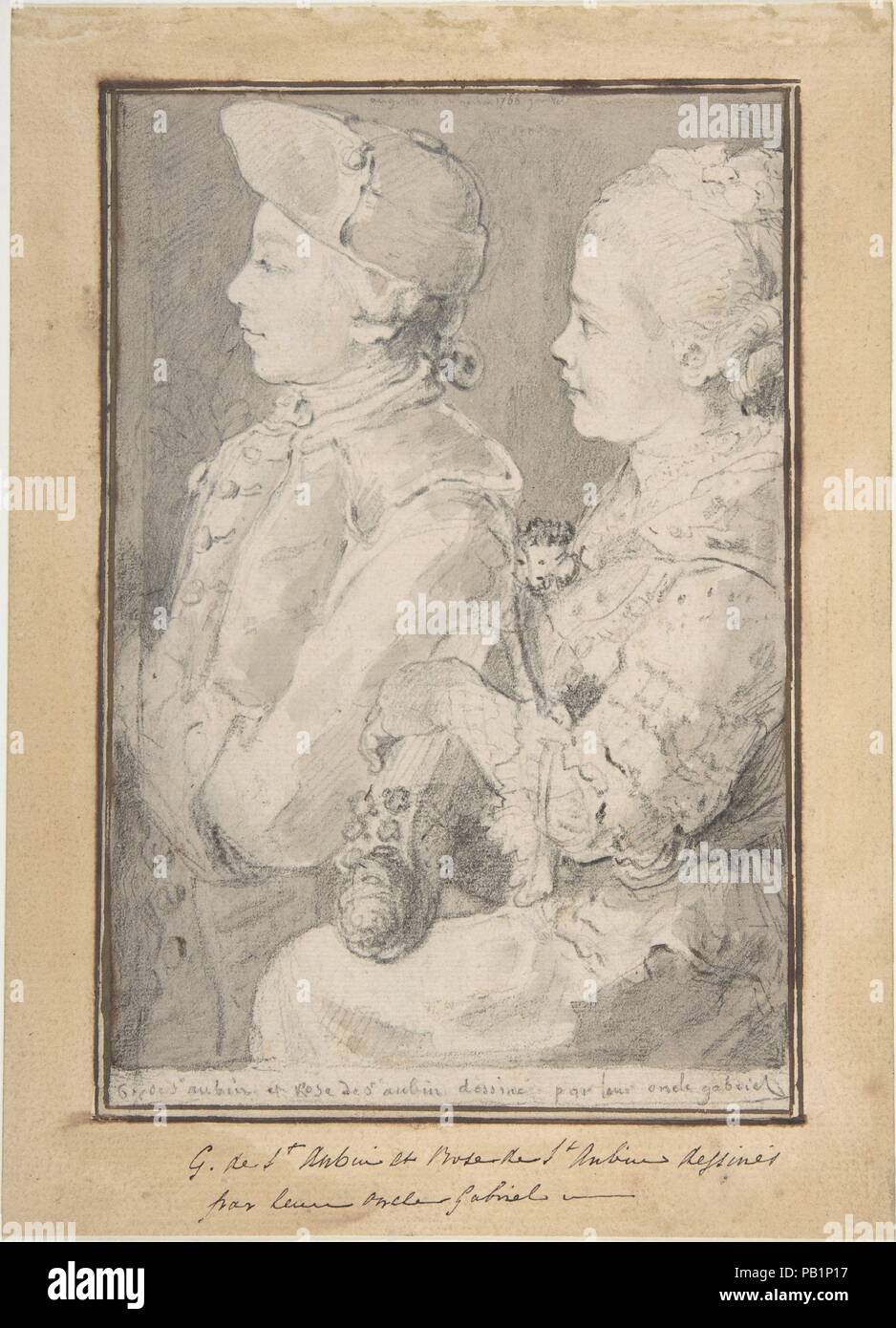 Germain-Augustin and Rose de Saint-Aubin, Drawn by Their Uncle. Artist: Gabriel de Saint-Aubin (French, Paris 1724-1780 Paris). Dimensions: 7 3/16 x 4 13/16 in.  (18.2 x 12.2 cm). Date: 1766.  During the Rococo period, French artists frequently depicted children, sometimes at play and spontaneous in their gestures and expressions, but also engaged in study, their education the foundation for the future of society. In 1766, Saint-Aubin, a draftsman and chronicler of Parisian cultural life, drew a portrait of his niece and nephew in profile. Based on preparatory studies made after life, this fin Stock Photo