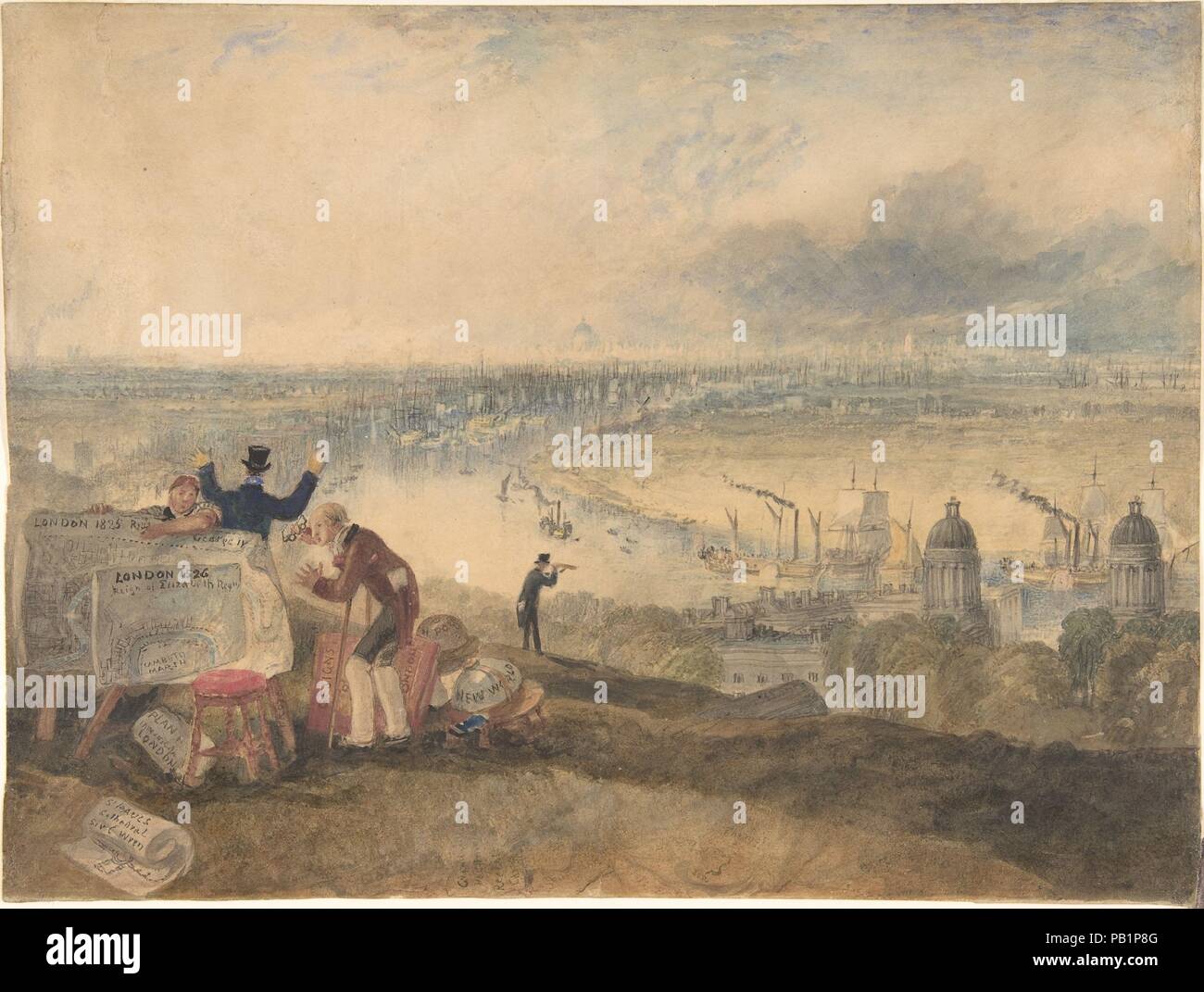 View of London from Greenwich. Artist: Joseph Mallord William Turner (British, London 1775-1851 London). Dimensions: sheet: 8 3/8 x 11 in. (21.3 x 28 cm). Date: 1825.  Turner here offers a panorama of greater London as seen from Greenwich Park, looking down towards the Naval Hospital designed by Sir Christopher Wren, the river Thames, and the distant city. The foreground is littered with maps and globes, with a woman holding up two plans for a naval pensioner with spectacles and crutches to inspect-a reference to England's past. Slightly behind, a man dressed in a fashionably tall top hat and  Stock Photo