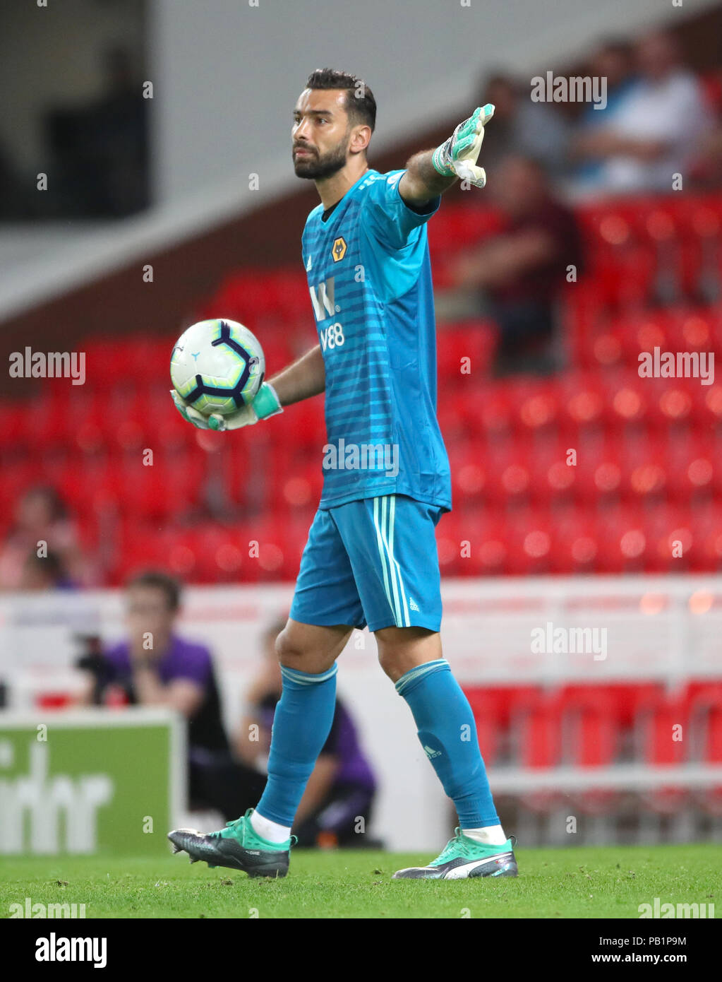 Wolverhampton Wanderers' goalkeeper Rui Patricio gestures during a pre season friendly match at The Bet365 Stadium, Stoke. PRESS ASSOCIATION Photo. Picture date: Wednesday July 25, 2018. Photo credit should read: Nick Potts/PA Wire. EDITORIAL USE ONLY No use with unauthorised audio, video, data, fixture lists, club/league logos or 'live' services. Online in-match use limited to 75 images, no video emulation. No use in betting, games or single club/league/player publications. Stock Photo