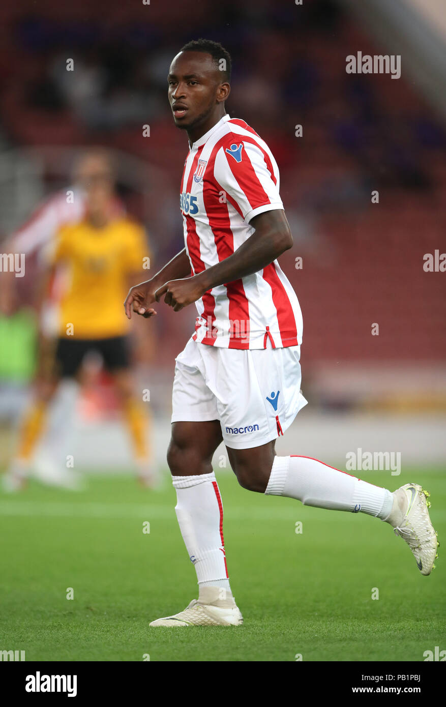 Stoke City's Saido Berahino during a pre season friendly match at The Bet365 Stadium, Stoke. PRESS ASSOCIATION Photo. Picture date: Wednesday July 25, 2018. Photo credit should read: Nick Potts/PA Wire. EDITORIAL USE ONLY No use with unauthorised audio, video, data, fixture lists, club/league logos or 'live' services. Online in-match use limited to 75 images, no video emulation. No use in betting, games or single club/league/player publications. Stock Photo