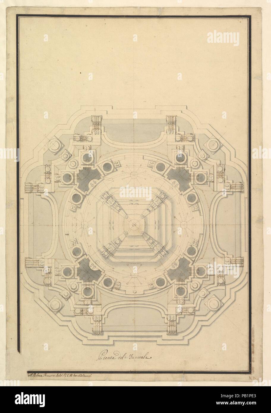 Ground Plan for the Catafalque for Louis XIV (d. 1715). Artist: Workshop of Giuseppe Galli Bibiena (Italian, Parma 1696-1756 Berlin). Dimensions: 21-1/4 x 14-5/8 in.  (54.0 x 37.1 cm). Date: ca. 1715. Museum: Metropolitan Museum of Art, New York, USA. Stock Photo