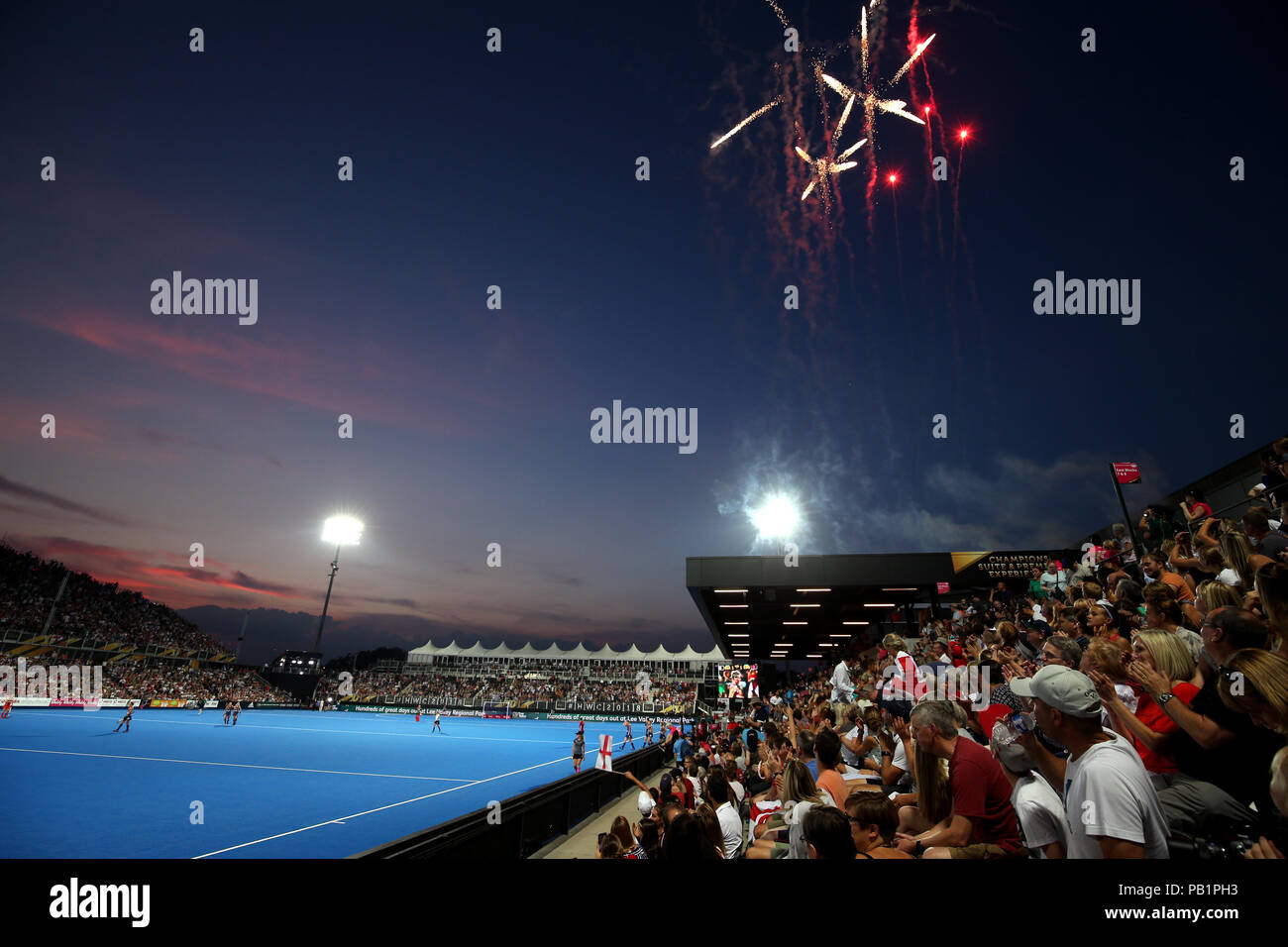 General view of fireworks at full time during the national Vitality Women's Hockey World Cup match at The Lee Valley Hockey and Tennis Centre, London. PRESS ASSOCIATION Photo, Picture date: Wednesday July 25, 2018. Photo credit should read: Steven Paston/PA Wire. Stock Photo