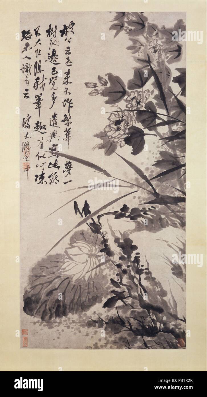 Hibiscus, Lotus, and Rock. Artist: Shitao (Zhu Ruoji) (Chinese, 1642-1707). Culture: China. Dimensions: Image: 45 9/16 x 22 in. (115.7 x 55.9 cm)  Overall with mounting: 88 x 28 1/2 in. (223.5 x 72.4 cm)  Overall with knobs: 88 x 31 3/4 in. (223.5 x 80.6 cm). Date: ca. 1705-7.  Recalling a beautiful woman in their blushing colors and delicate shapes, the blossoms of the lotus and hibiscus epitomize the exuberance and fullness of youth. Seeming to mock himself for continuing to admire such lush summer flowers, the aging Shitao inscribed the lines by the renowned Song dynasty poet Su Shi (1036-1 Stock Photo